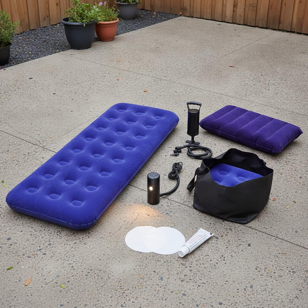 Colchón Inflable Portátil Camping Hogar, Plástico, Doble, Almohada, Bolsa, Material Compuesto, Uso hogar, Exterior, Incluye Bomba Manual, Cama Individual con Bomba eléctrica, 191 * 73 * 22cm