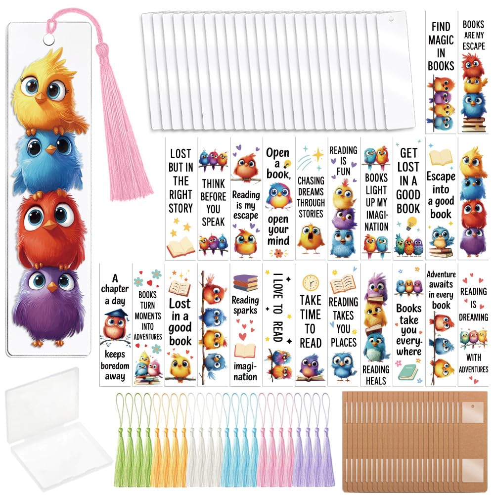 Peacoblue 121pcs Cute Birds UV DTF Bookmark Making Kit Acrylic Carft for Women Men Kid Adult, DIY Cute Bookmarker Decal Stickers Warps Kit for Students Teachers Book Lovers Reading — image 1