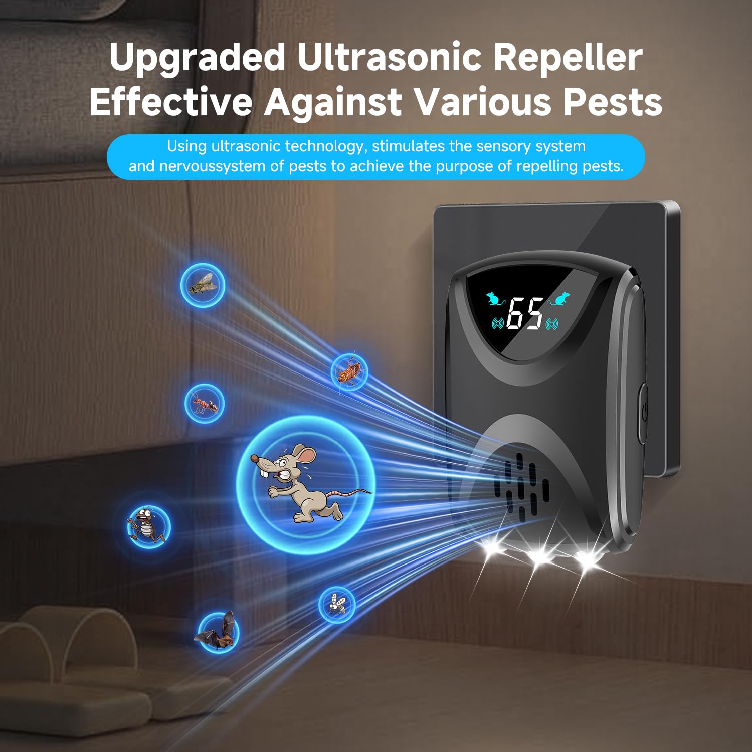 Répulsif à ultrasons pour souris - Répulsif efficace contre les souris avec ondes ultrasoniques - Fréquence réglable - Lumière stroboscopique LED - Lutte contre les rongeurs - Efficace contre