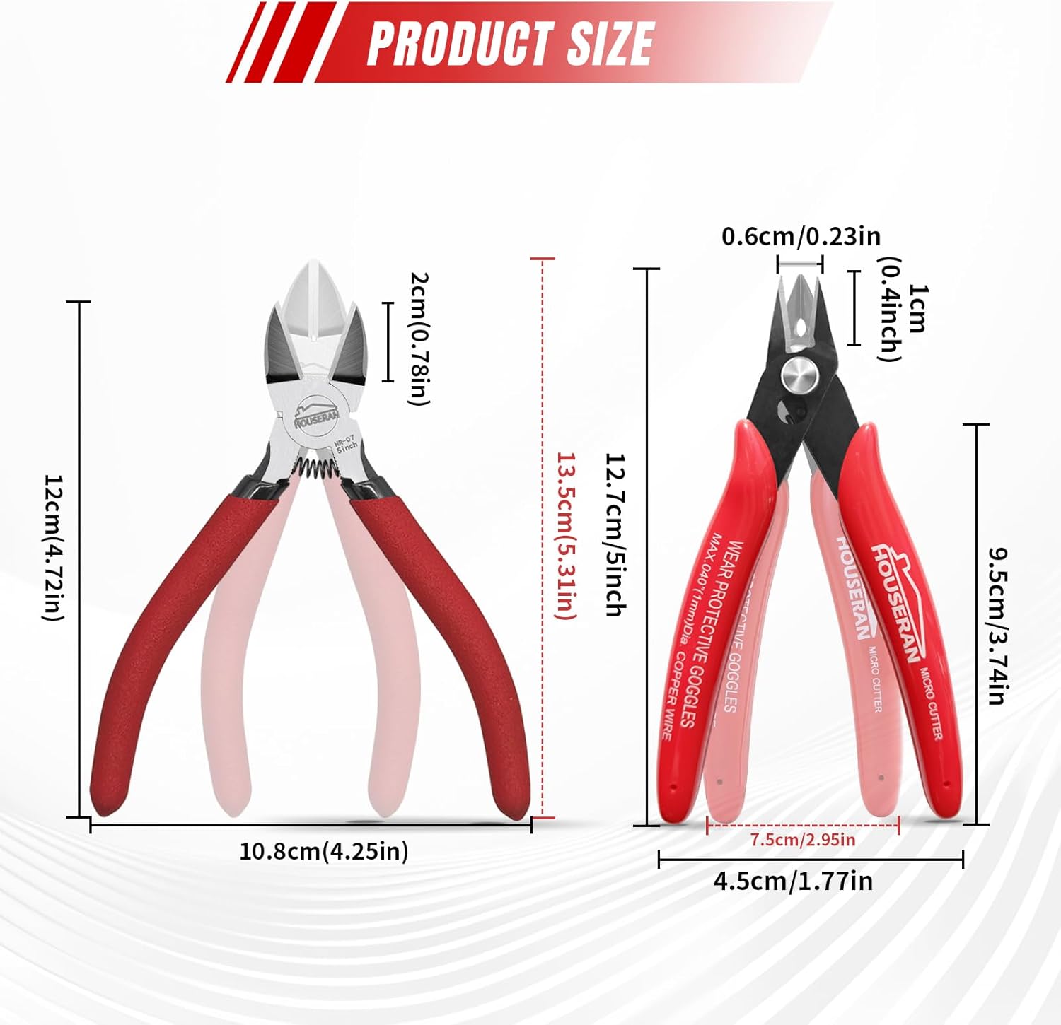 2-Piece Wire Cutters Set, 5 Inch Micro Flush Cutter & Side Cutting Pliers, Spring Loaded Diagonal Wire Snips for Jewelry Making, Crafting, Zip Ties, Electronics