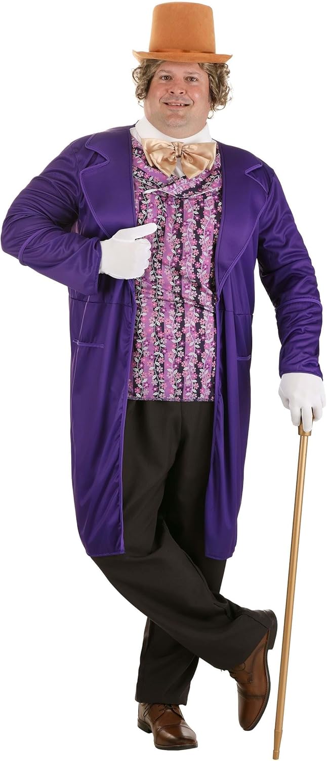 Plus Size Willy Wonka Costume for Men, Purple Jacket Chocolate Factory Uniform for Movie Cosplay & Halloween