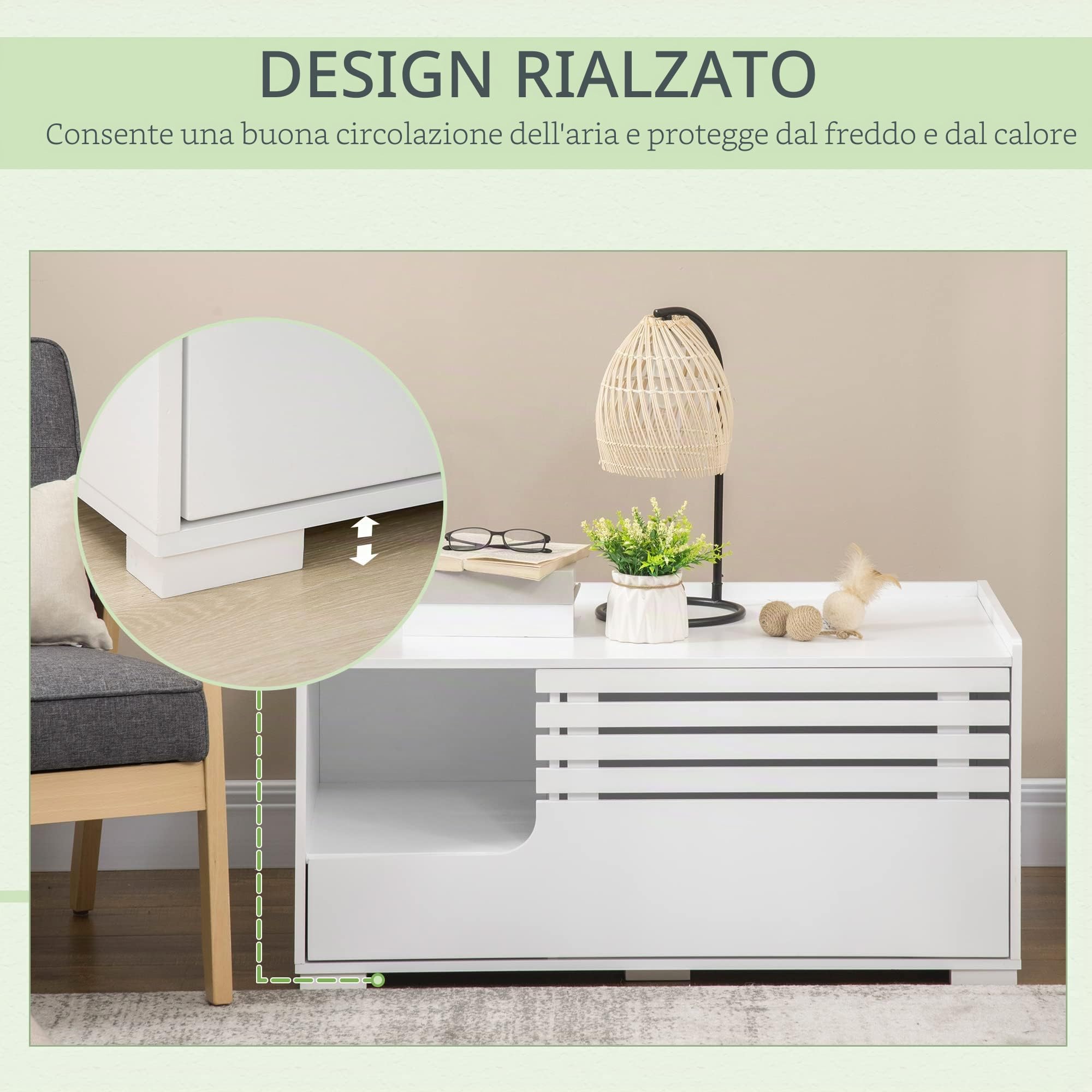 PawHut Armadietto per Gatti con Porta Magnetica, Design Rialzato, MDF, Bianco, 90 x 48 x 42,5 cm