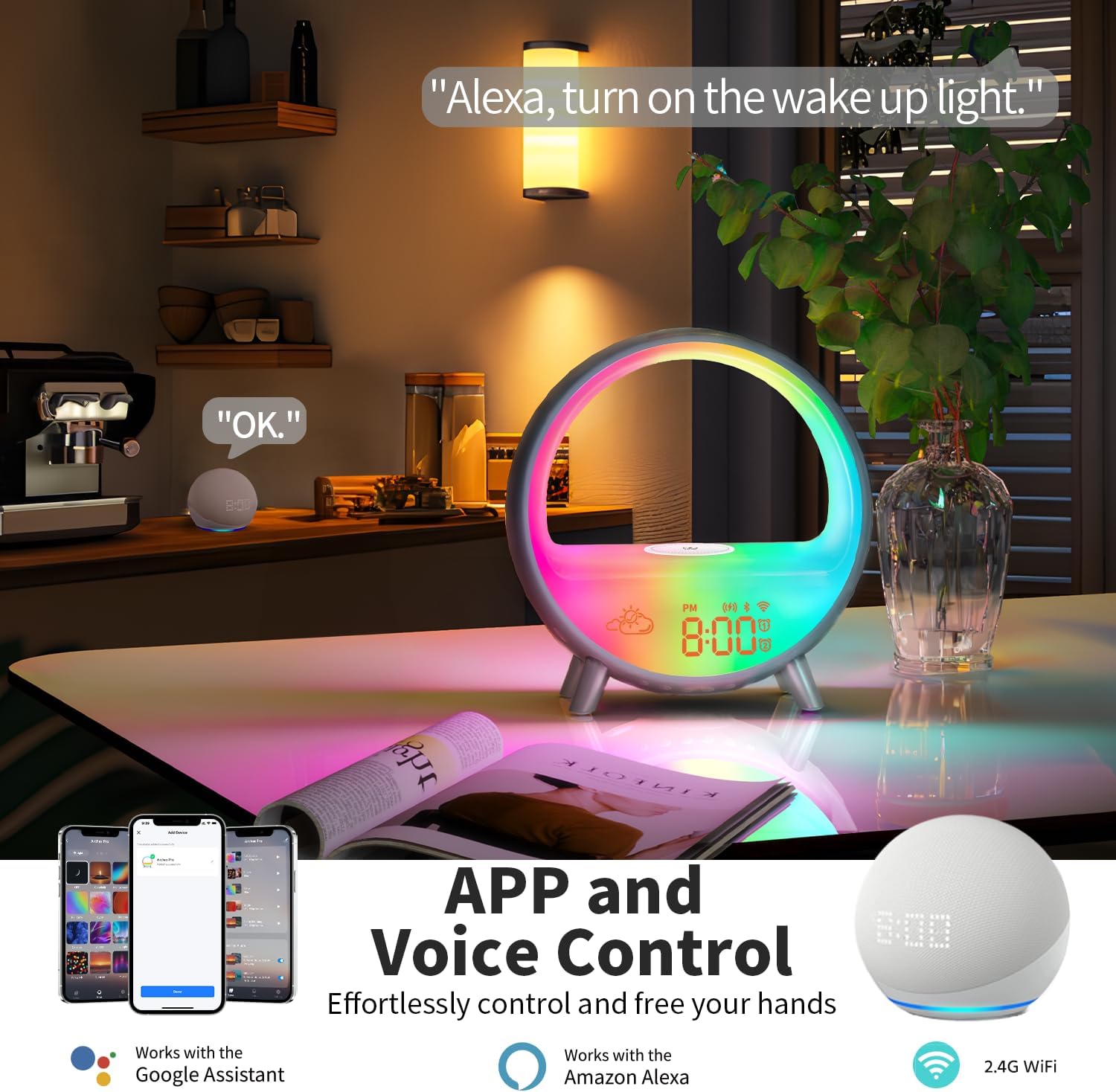 MOMILLA Smart Sunrise Alarm Clock with Wireless Charging, Wake up Light w/Bluetooth Speaker, APP Control White Noise Sound Machine, Compatible with Airpods/iPhone, Alarm Clocks for Bedrooms Adults