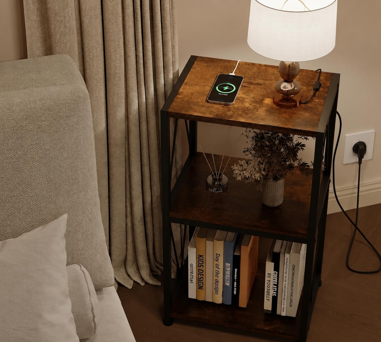 Estantería giratoria de versión mejorada con tablero de mesa más ancho de 50 x 40 cm, estante de 3 pisos, almacenamiento para 100 discos de vinilo, mesa auxiliar para salón o dormitorio