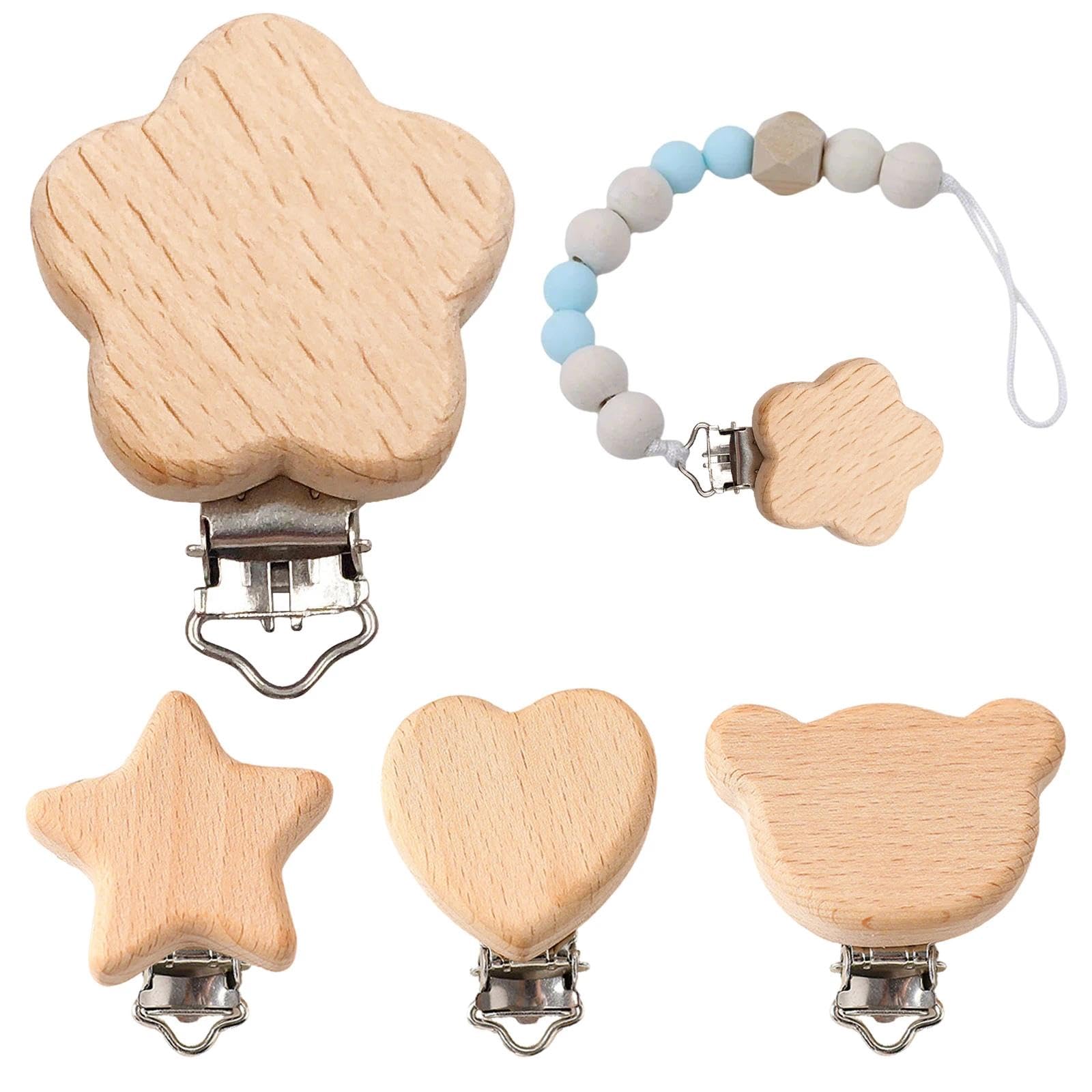 4 Stück Schnullerclip Holz, Baby Schnullerketten Clips, Schnuller Clips, Schnullers Schnullerketten Zubehör