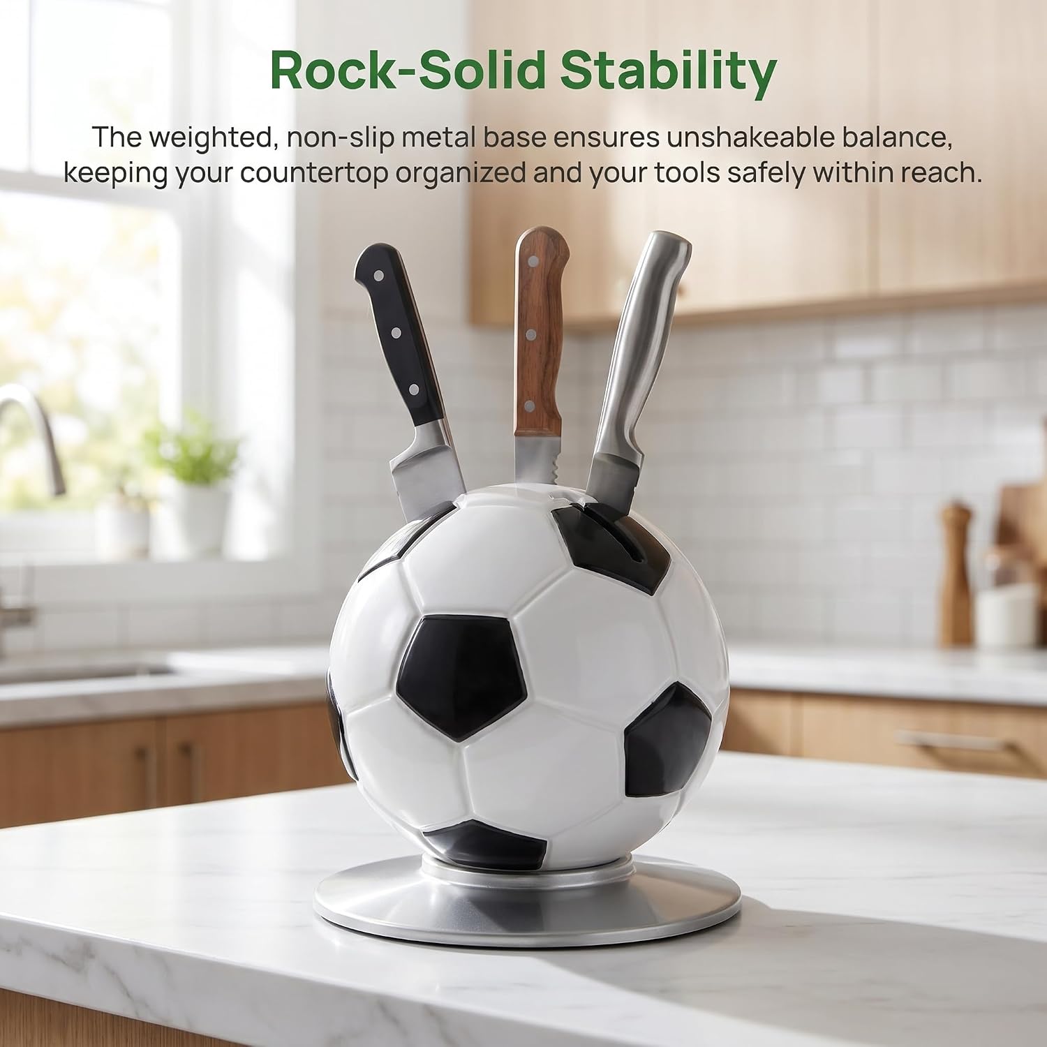 Soccer Ball Knife Holder for Kitchen - Football Theme 7-Slot Knife Block, Fun Countertop Organizer for Chef & Fruit Knives, Creative Sports Fan Decor & Gift Idea (Black)