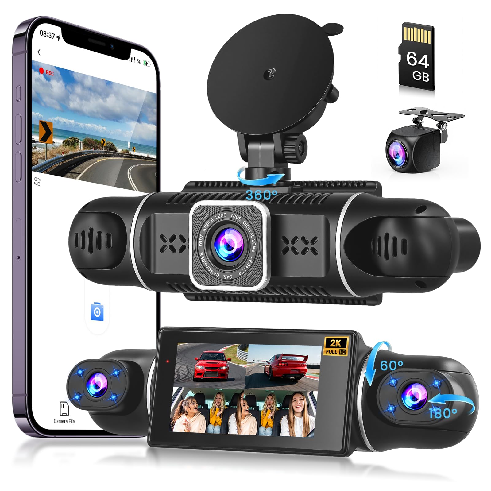 Hikity 2K 360°Dash CAM Coche con Tarjeta SD 64G,4 Cámaras Pantalla IPS de 3 Pulgadas Cámara para Coche,Dashcam Coche 2K+1080P*3,Sensor G, Visión Nocturna,Ayuda Inversa,Grabación en Bucle