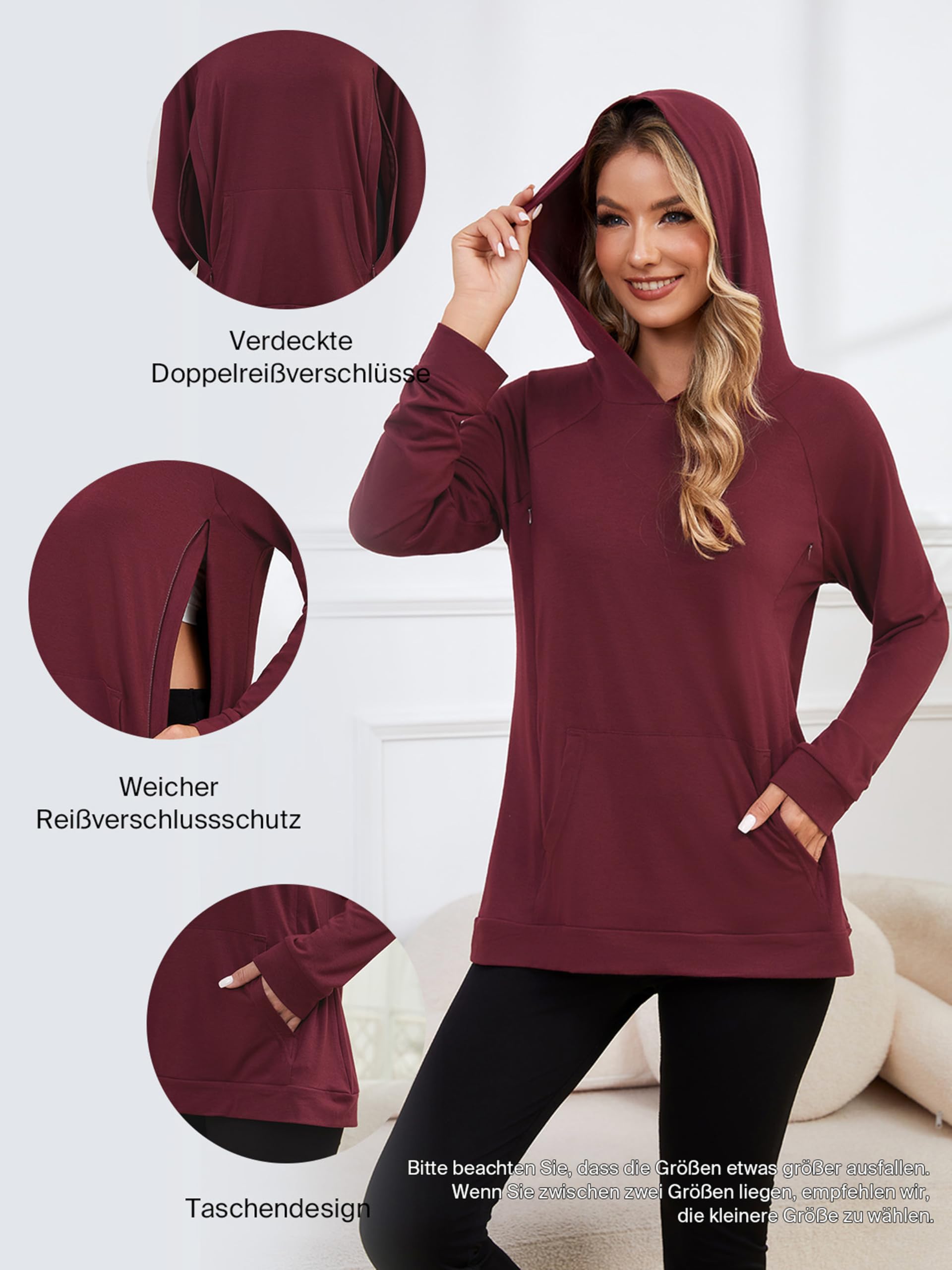 Sudadera de lactancia para mujer con cremallera invisible, manga larga, para embarazo y lactancia