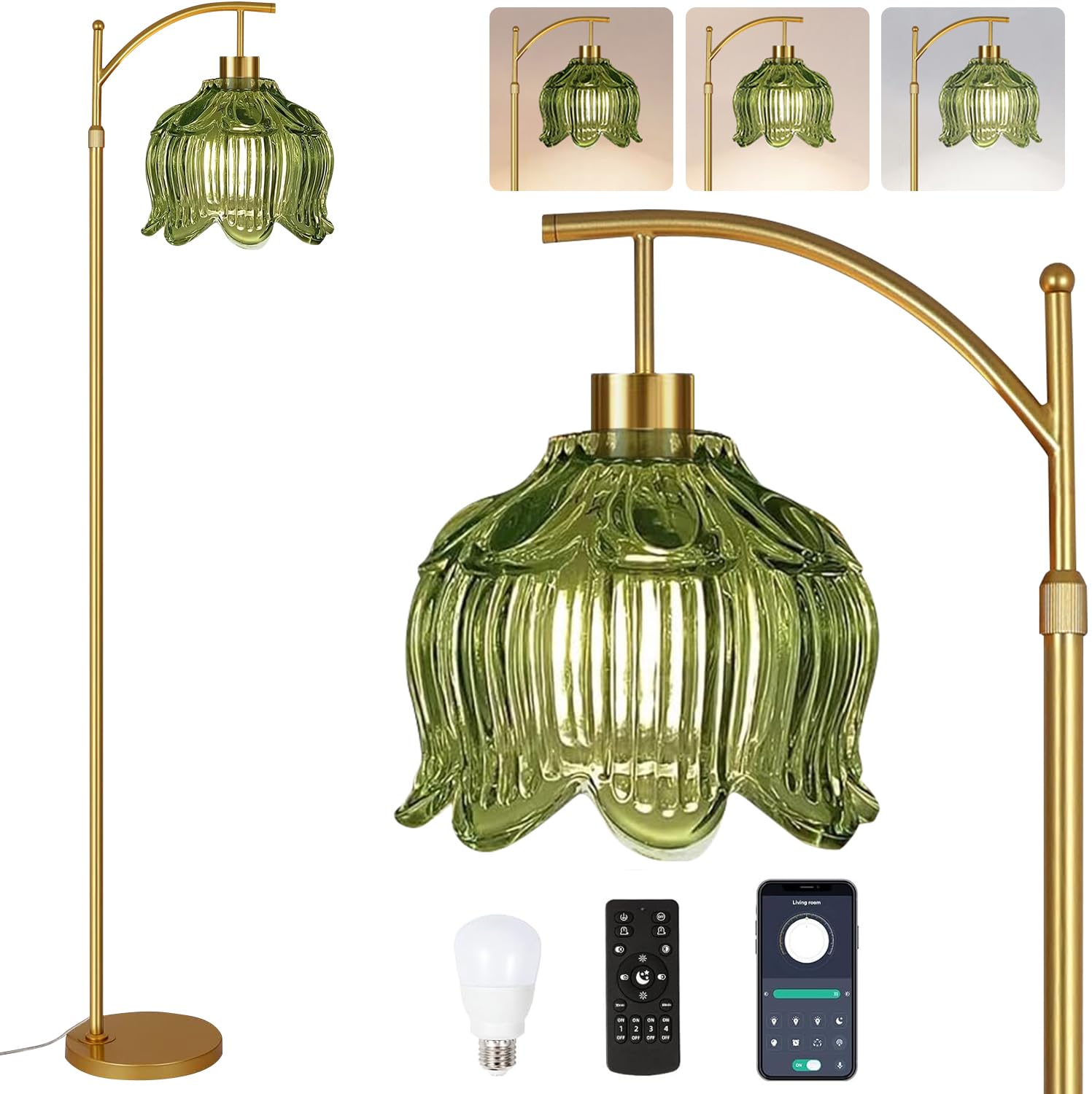 QIYIZM Glass Floor Lamp for Living Room,Bedroom,Gold Dimmable Standing Lamp with Remote,Mid Century Modern Brass Tall Lamp Boho Vintage Floor Lamps Arc Green Tulip Flower Floor Light Lamp Bohemian
