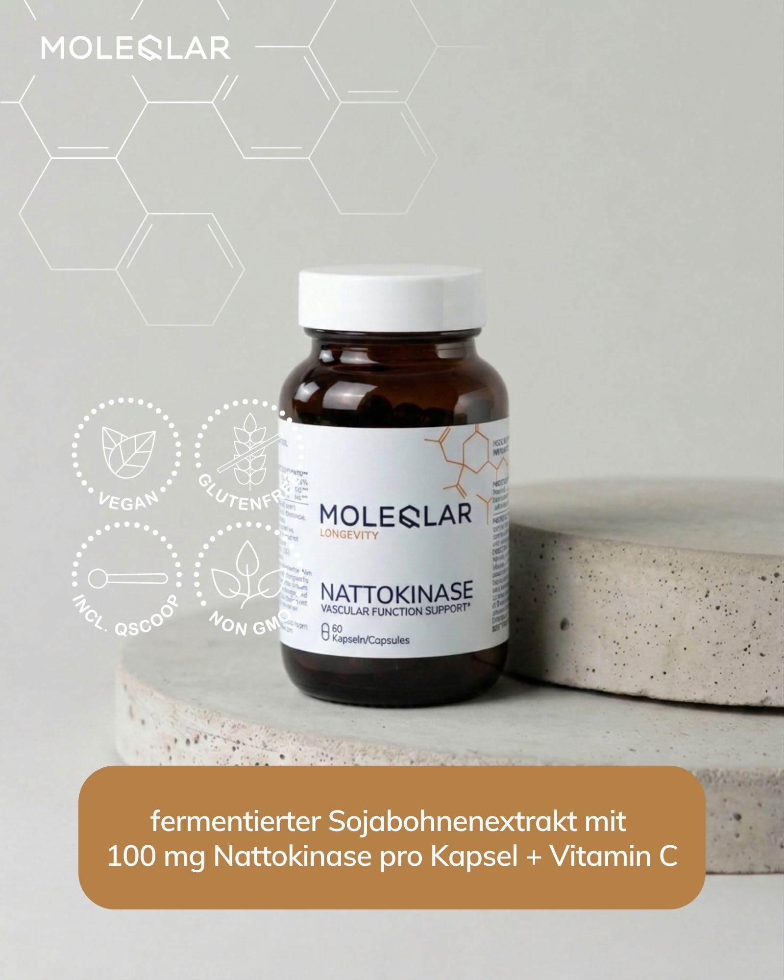 MoleQlar Nattokinase Kapseln 60 Stück - 2000 FU Nattokinase pro Kapsel mit Vitamin C - aus fermentierten Sojabohnenextrakt - 60 Kapseln für 60 Tage Vorrat
