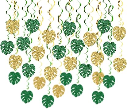 30Pcs Hawaiian Luau Party Palm Leaves Hanging Swirl Decorations Glittery Green Gold Tropical Leaf Monstera Leaves Ceiling Streamers for Summer Baby Shower Birthday Supplies
