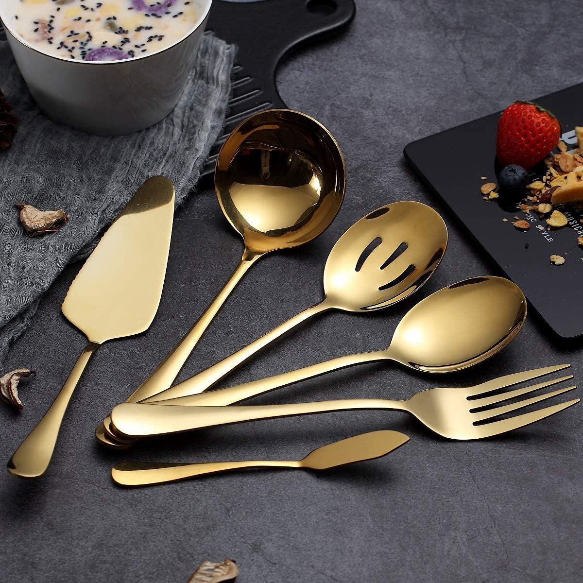 yksiahfi 6-Piece Serving Flatware Silverware Set, Serving Utensil Set,Include Cake Server, Slotted Serving Spoon Gold - Image 4