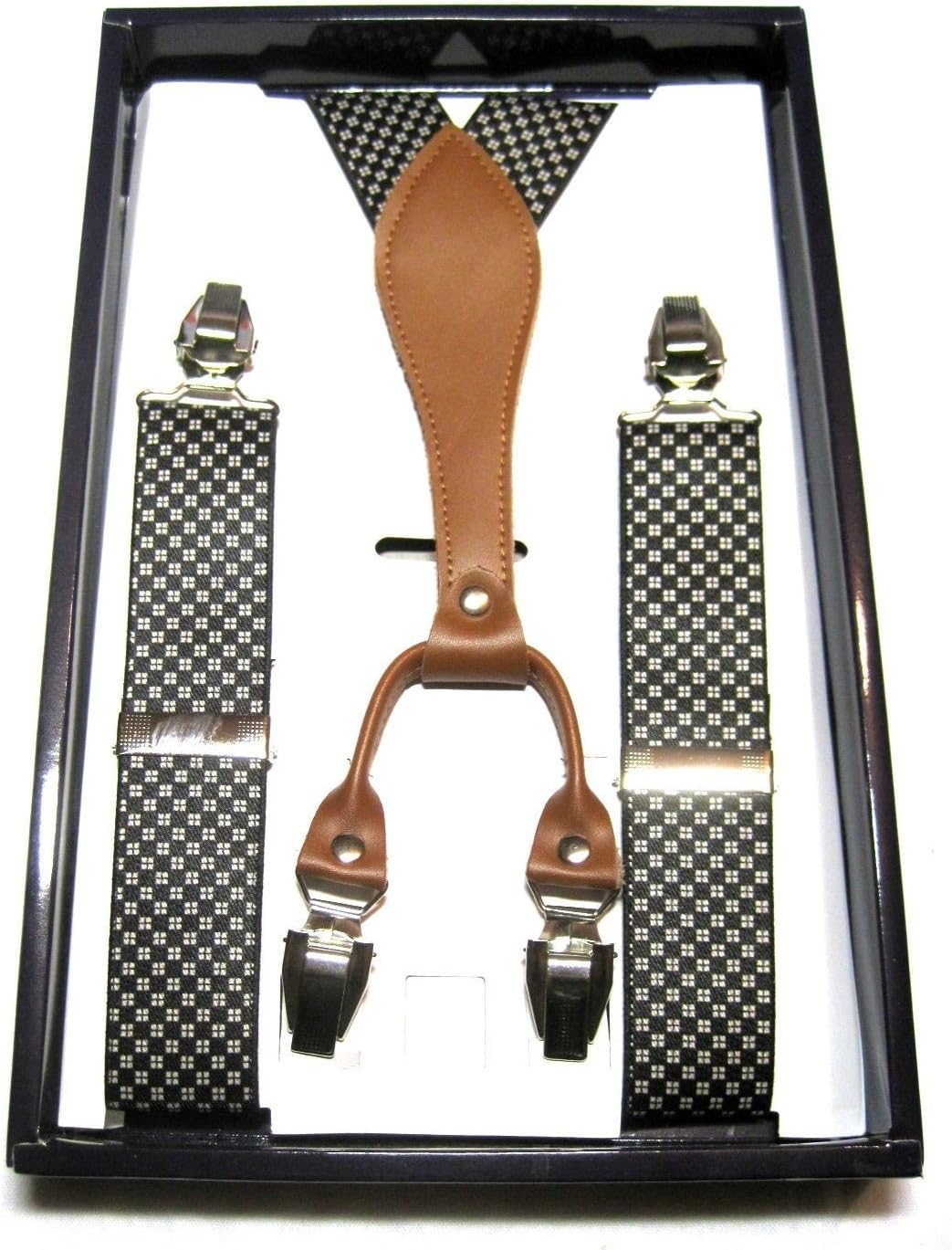 35mm Casual Elastic Men Suspender Braces Black & White Squares with Brown Leather Junction Suspender Braces Model #21