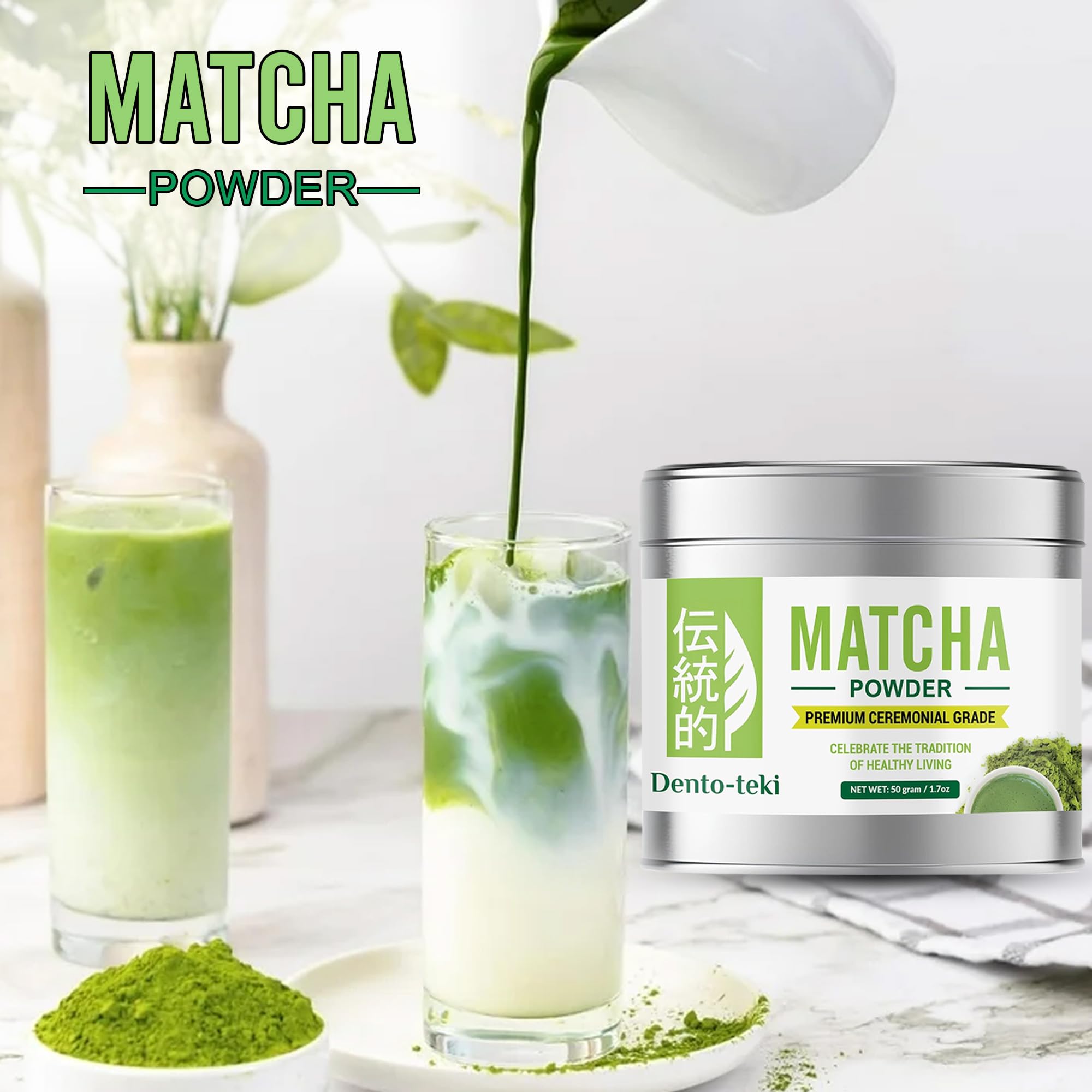 Dento-teki Ceremonial-Grade Matcha Powder 50g 1 75oz Pure Chinese Green Tea Stone-Ground Bold Flavor Bright Green Perfect for — view 5