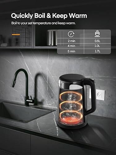Miniatura 4 de Hervidor eléctrico, hervidor de té de vidrio de 1.7 L, con mantiene el calor, 5 controles de temperatura, 1500 W de ebullición rápida, apagado
