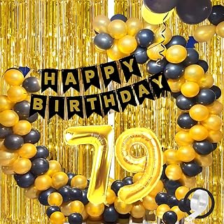 Flyloons 79th Black Gold Happy Birthday Decoration for Girls Kids Boys with Black Happy Birthday Banner,Black,Gold Balloons, Golden Foil Curtain,Arch Tape birthday celebration items for room