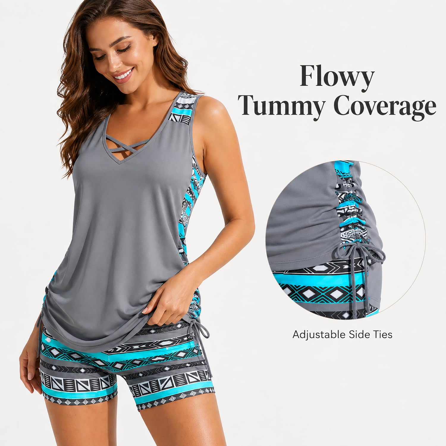 Women's Blouson Tankini Swimsuit, Tummy Control 2 Piece Bathing Suit with Built-in Bra and Boyshorts