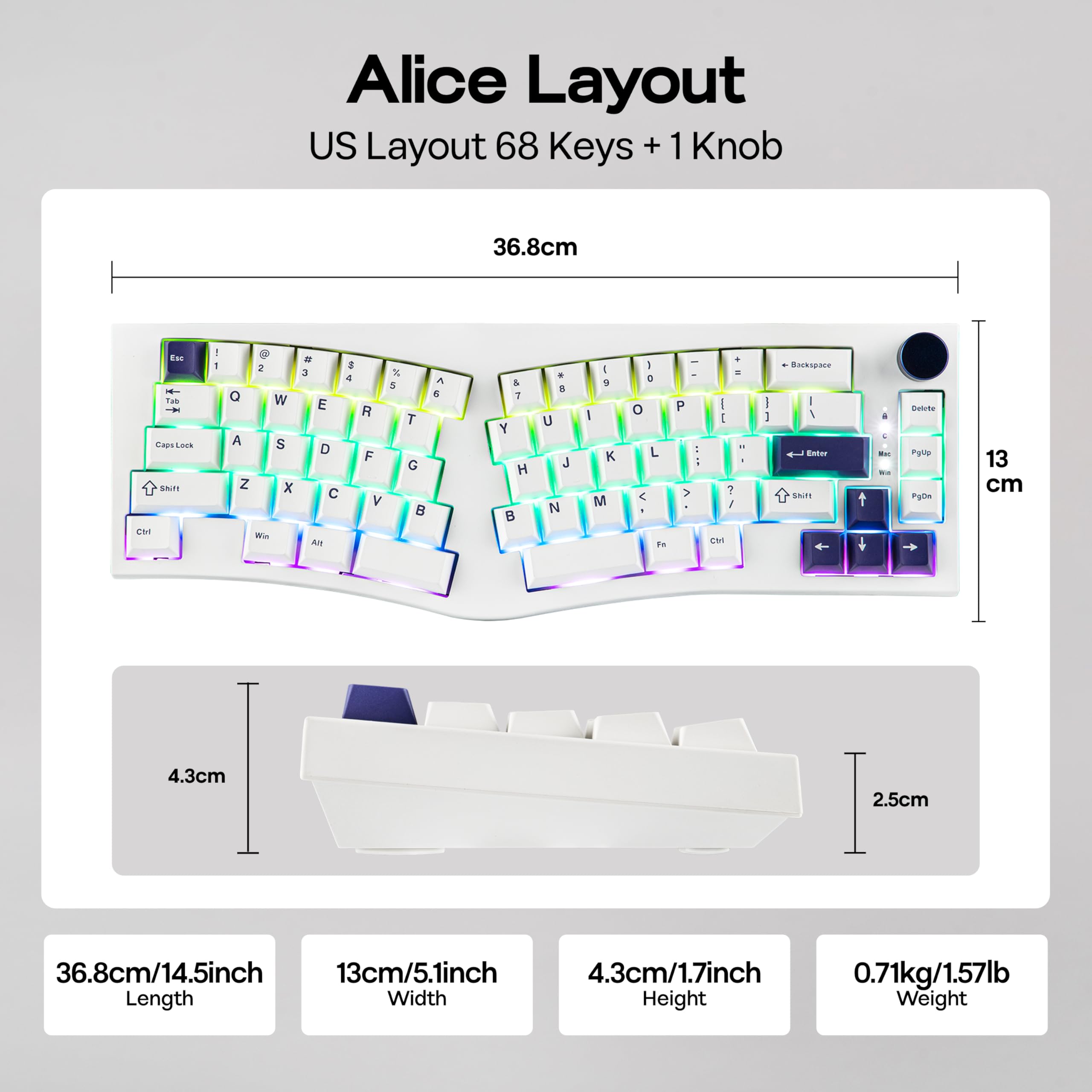 MechLands Feker Alice80 Tastiera Meccanica Ergonomica a 68 Tasti, Programmabile QMK & VIA, Tastiera da Gioco Wired con Guarnizione Cremosa, Hot Swap, Imbottitura a 5 Strati, NKRO, RGB per Win/Mac