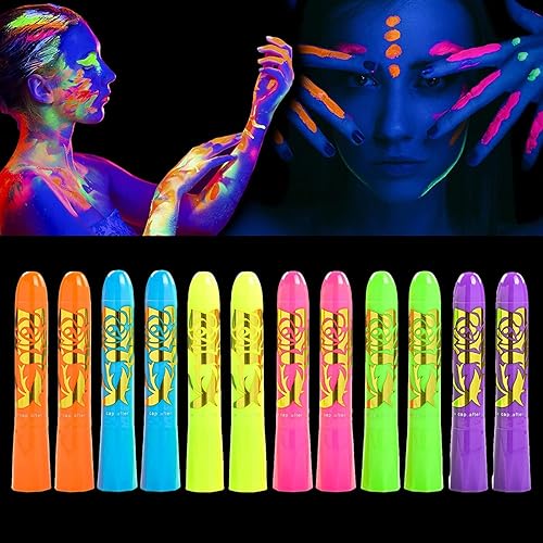 Glow King Crayones reactivos a la luz negra | Pintura que brilla en la oscuridad para rostro y cuerpo | Varillas luminosas intensas para fiestas