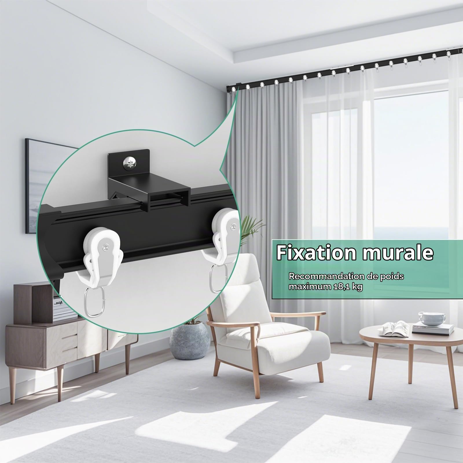 Tringle à rideaux flexible et pliable en aluminium – Montage au plafond ou au mur (406,4 cm / 4 m) – Rail à rideaux robuste – Noir