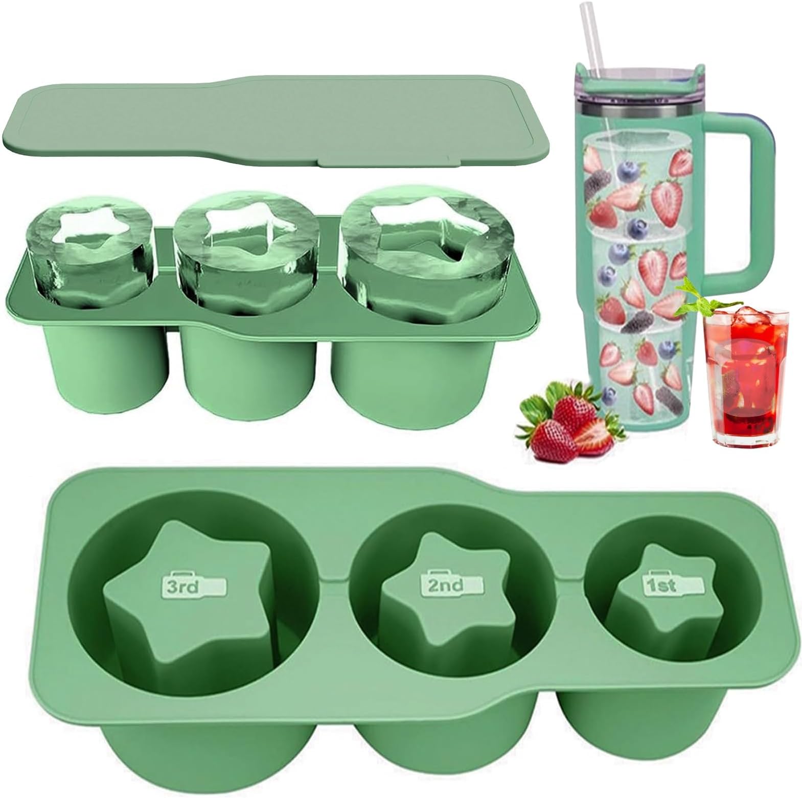 ice cube mold for Stanley 30-40 oz accessories, Silicone Ice Cube Tray for Tumbler Cups with Sealing Lid, Make 3 Pentagram cylinder Large Ice Cubes for Chilled Drinks Coffee Whiskey (Green)