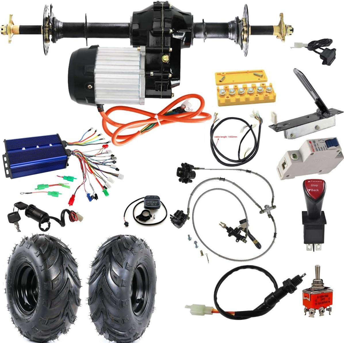 145/70-6 Go Kart Wheel 6 inch w/ 30" Rear Axle Kit 72V 1500W Brushless Differential Motor Gearbox 350W-3000W Controller Brake Assembly Foot Pedal for ATV UTV Drift Trike Quad Moped Buggy Dune DIY
