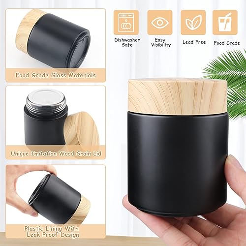 Miniatura 2 de Furnido Paquete de 6 tarros de vidrio redondos negros de 8 onzas, recipientes de vidrio vacíos para cosméticos con tapa de grano de madera de