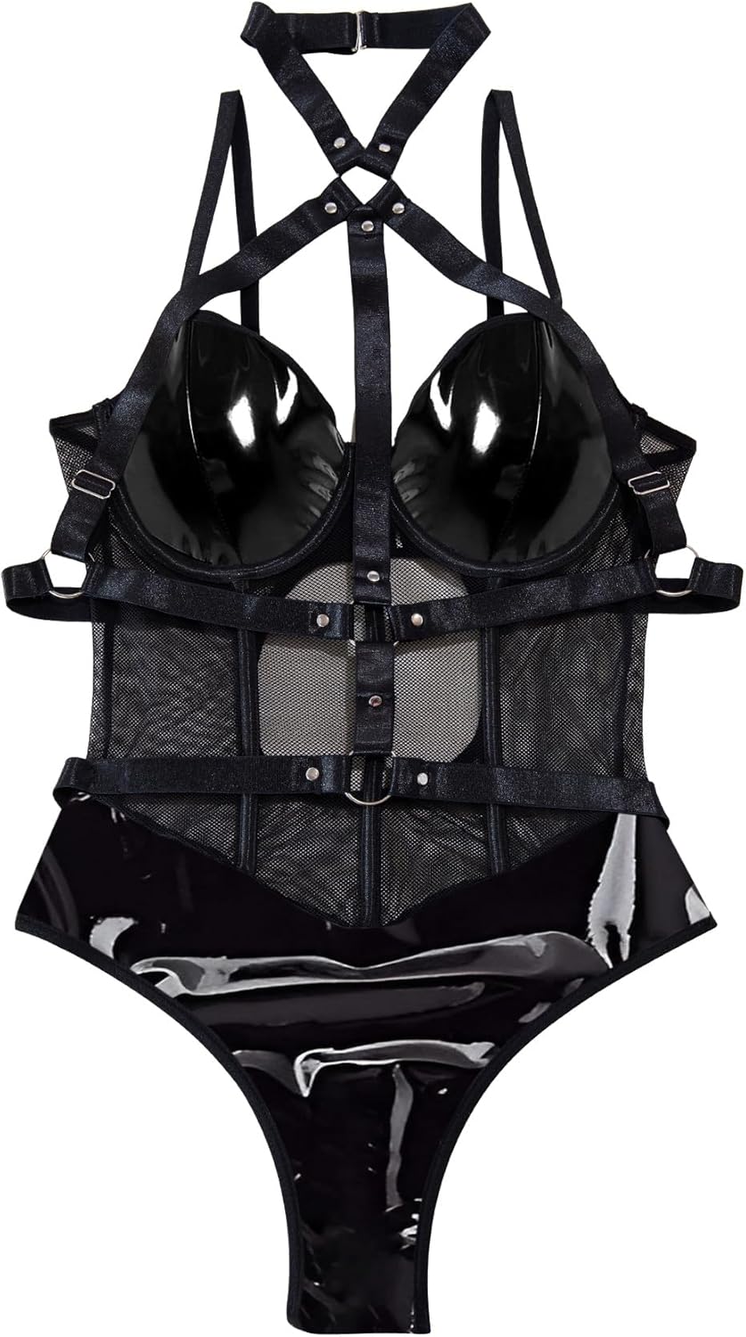 Lilosy Sexy Crisscross Choker Leather Pu Underwire Babydoll Women Harness Teddy Bodysuit Nightshirt One Piece - Image 4