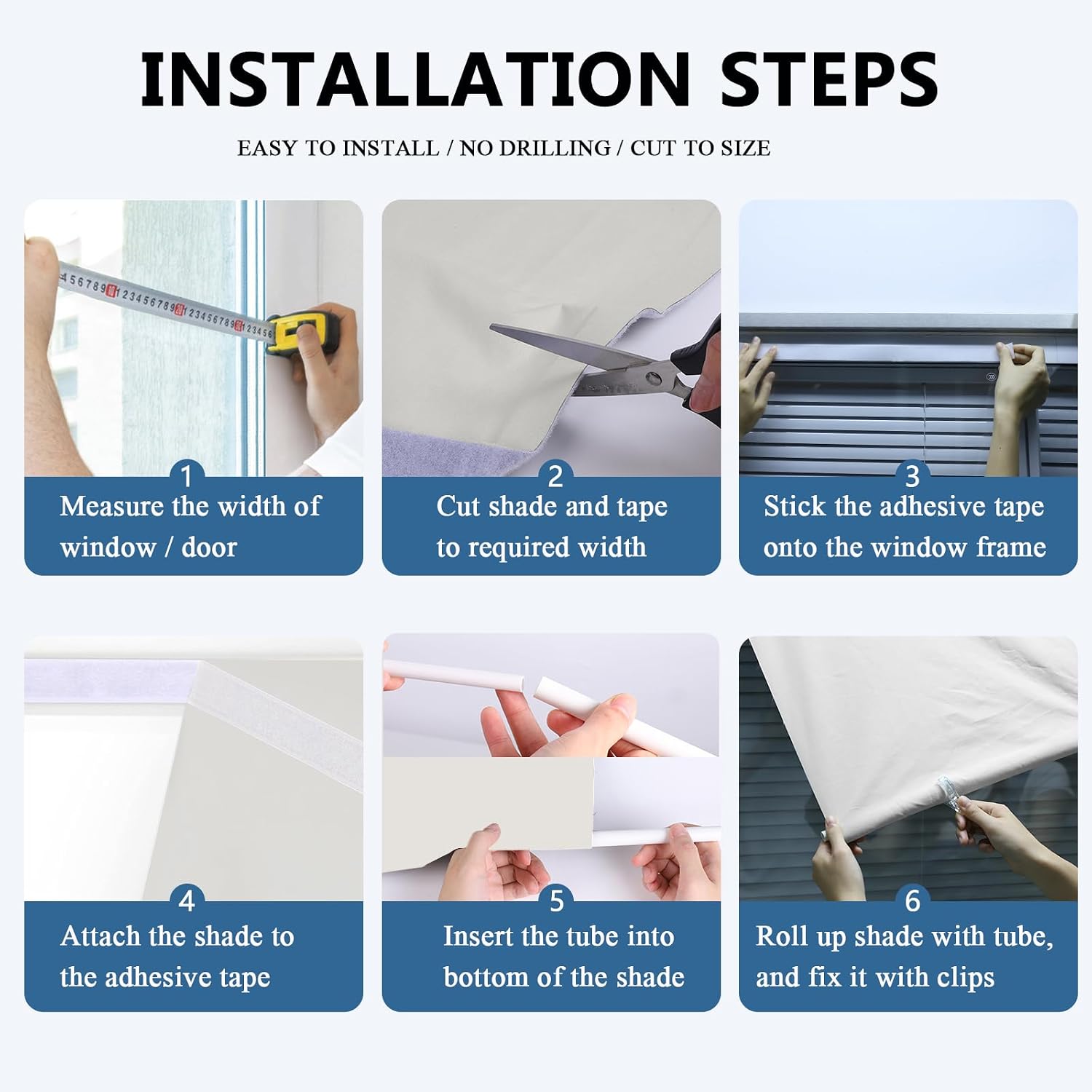 Blackout Shades No Drill Cordless Window Blinds Cut to Size Roll up Adjustable Easy to Install Stick on Self Adhesive Temporary Curtains for Indoor Bedroom Kitchen Bathroom Windows French Doors