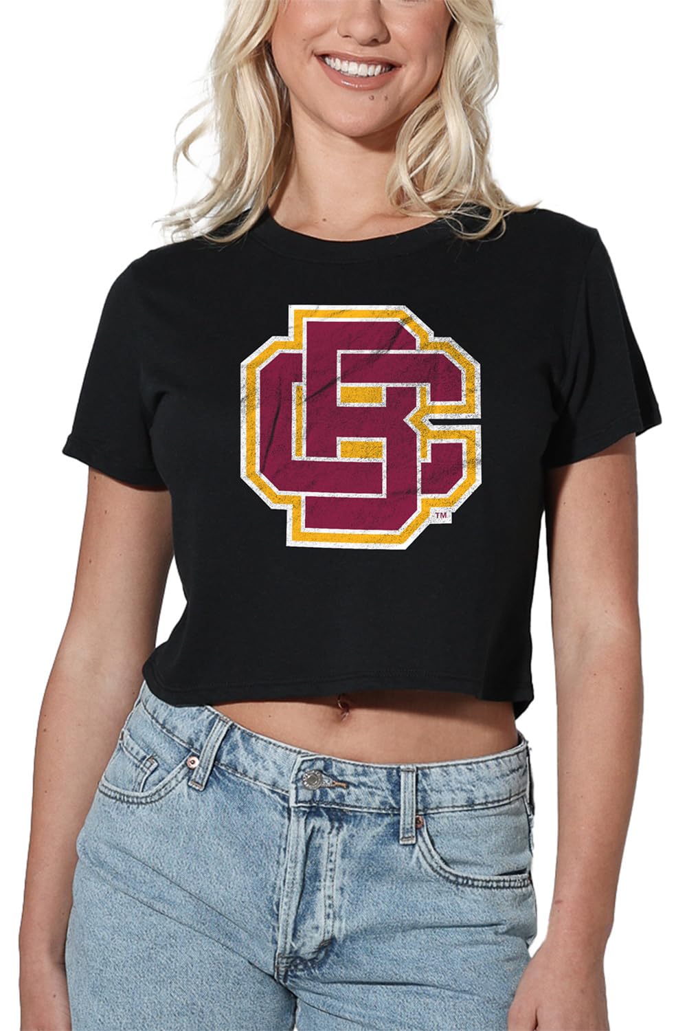 Official Collegiate Distressed Primary Logo Women's Apparel Crop Top T-Shirt Collection, Black