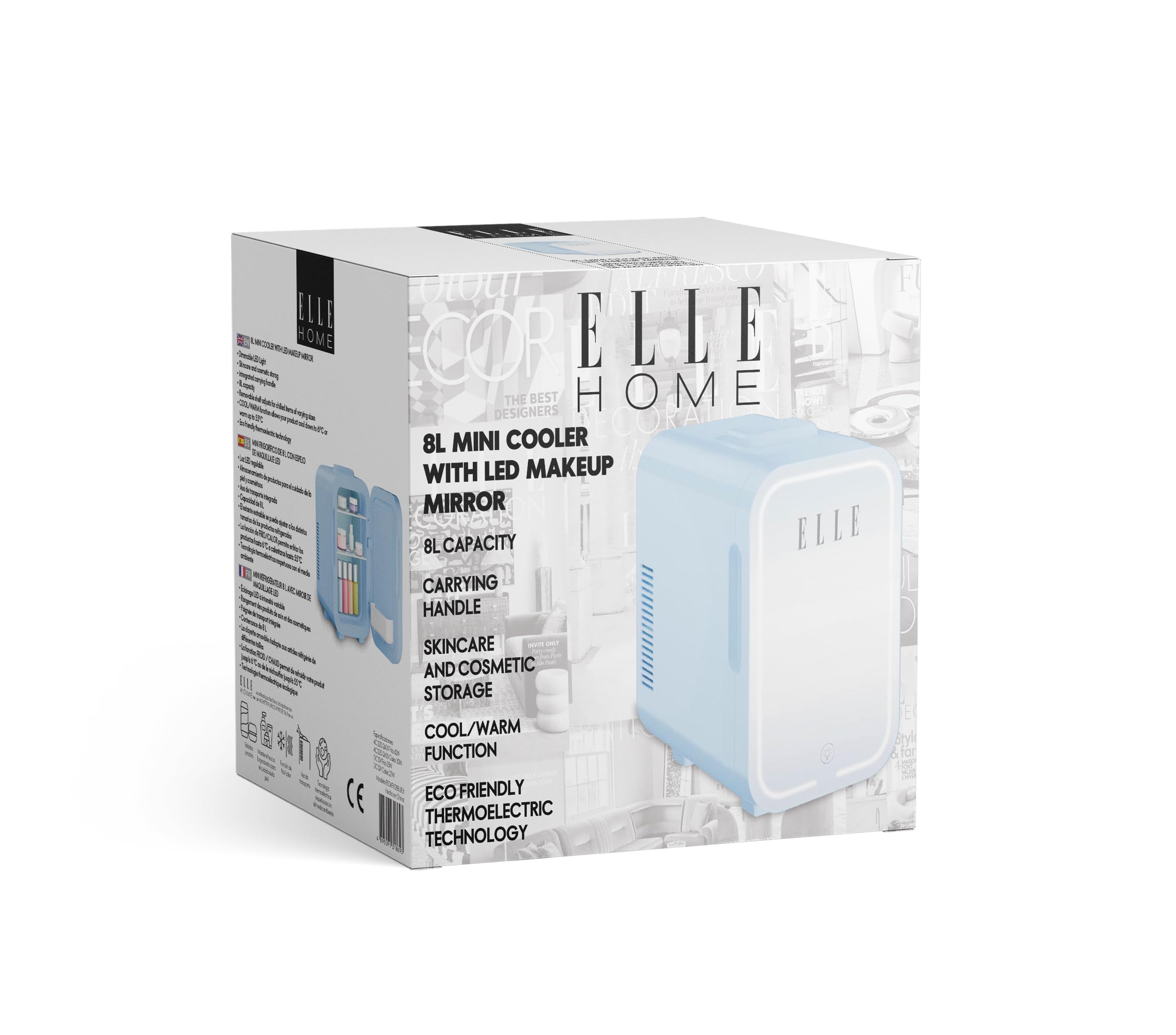 ELLE Mini Frigo Cosmetico 8L con Specchio LED - Frigorifero Bellezza Caldo & Freddo per Skincare, Cura del viso, Cosmetici, Sieri, Maschere e Bevande, Illuminazione LED Integrata - Blu