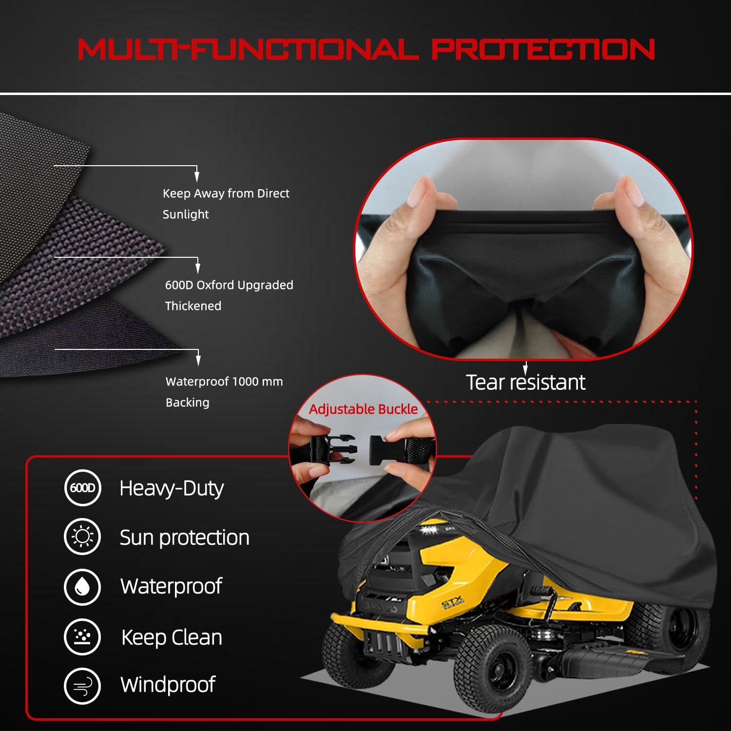 Funda de ajuste universal para cortacésped, cubierta para cortacésped, impermeable al aire libre, poliéster Oxford 600D resistente con cordón y funda de almacenamiento (negro-grande)