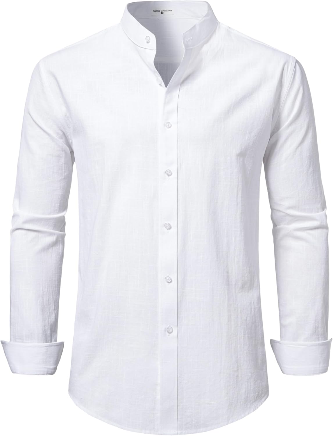Mens Linen Band Collar Beach Shirts Casual Button Down Solid Plain Long Sleeve Hawa...