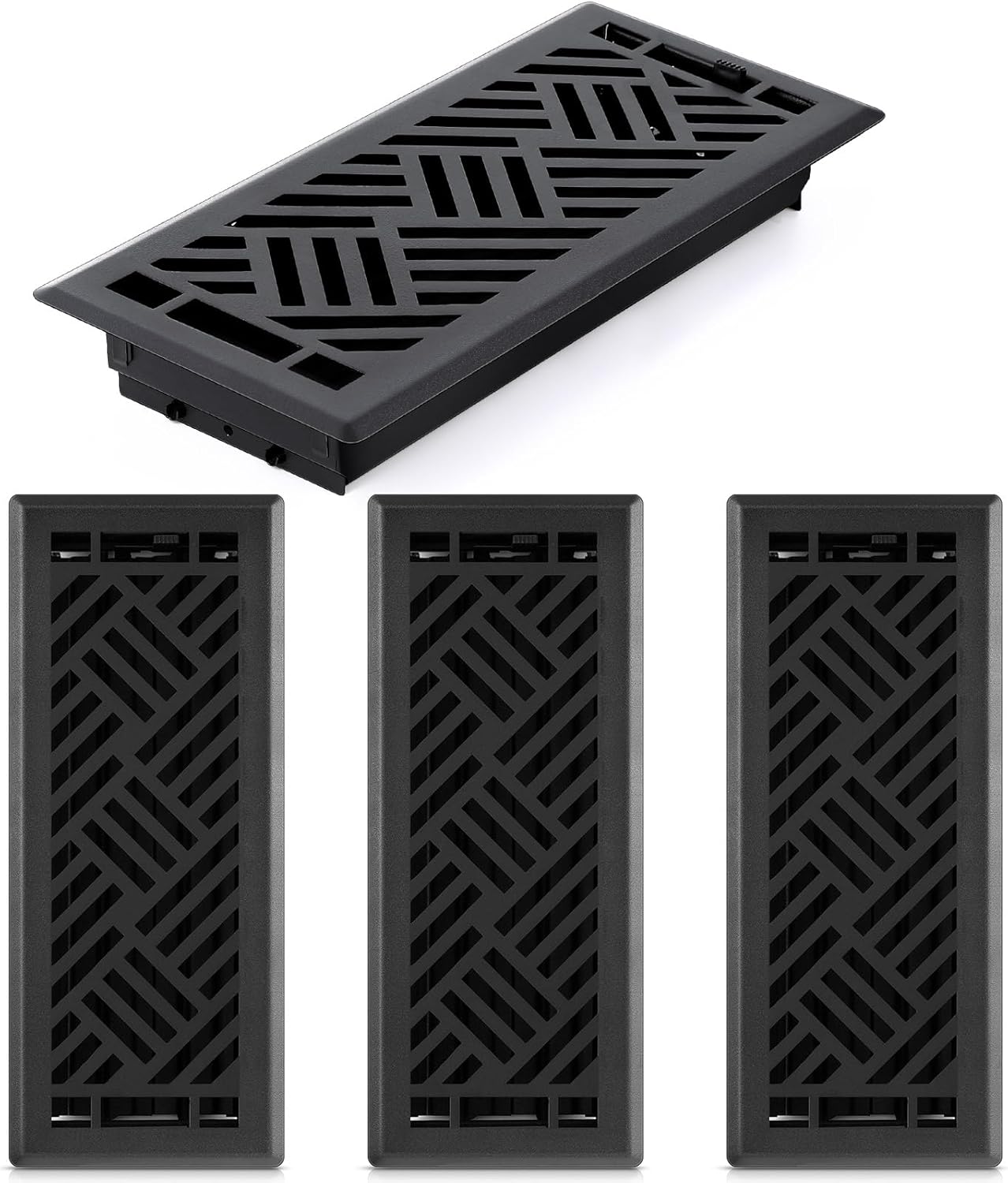 Blulu 4 Pack Floor Register 4" x 12" Black Vent Covers, Heavy Duty Walkable Steel Floor Vent Covers, Diagonal Pattern for Easy Air Flow, Adjustment Damper Rust Proof Finish for Home Decor