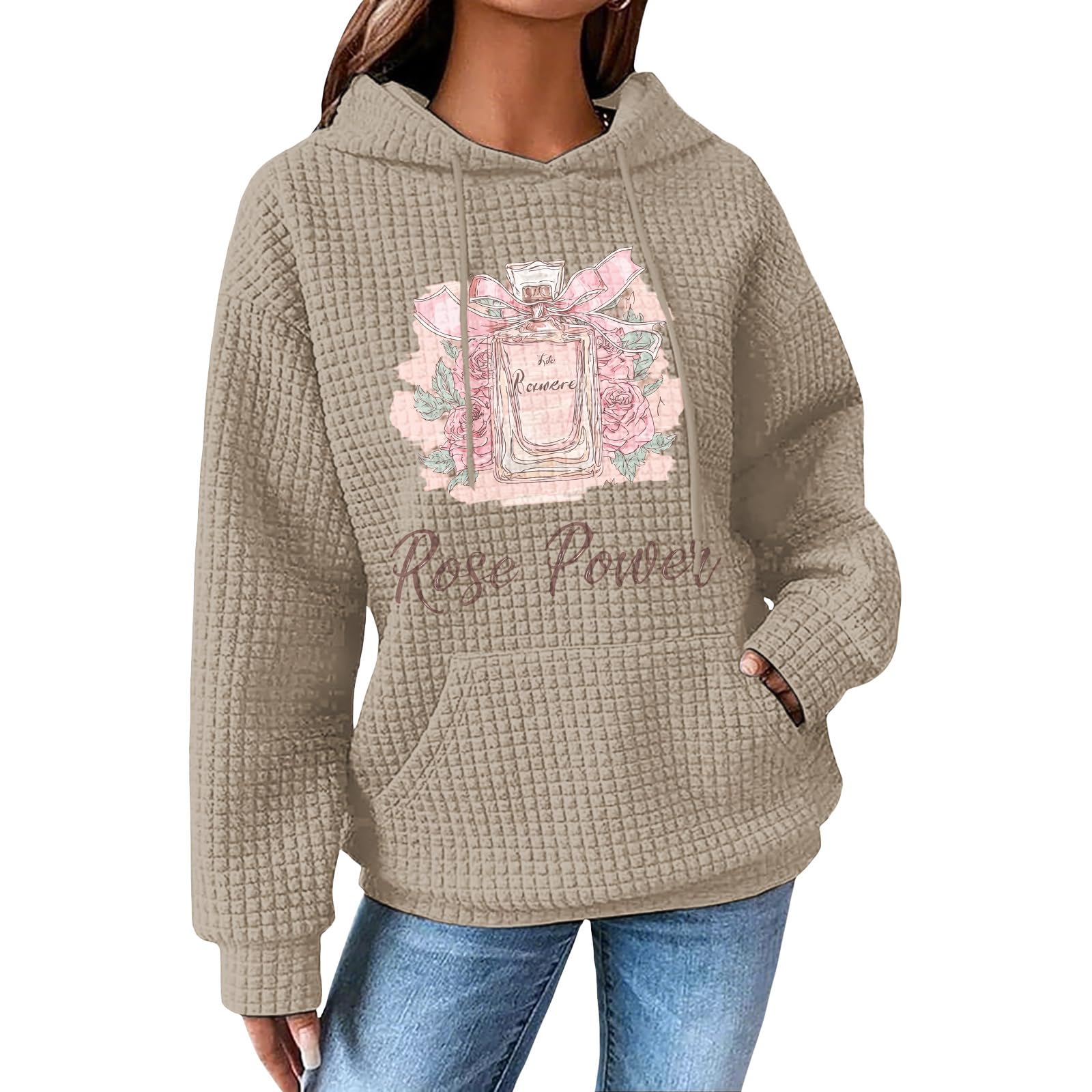 Womens Fashion Vintage Daily Casual Hoodie Fall Clothes Outfits Waffle Knit Hoodies Drawstring Pullover Sweatshirts