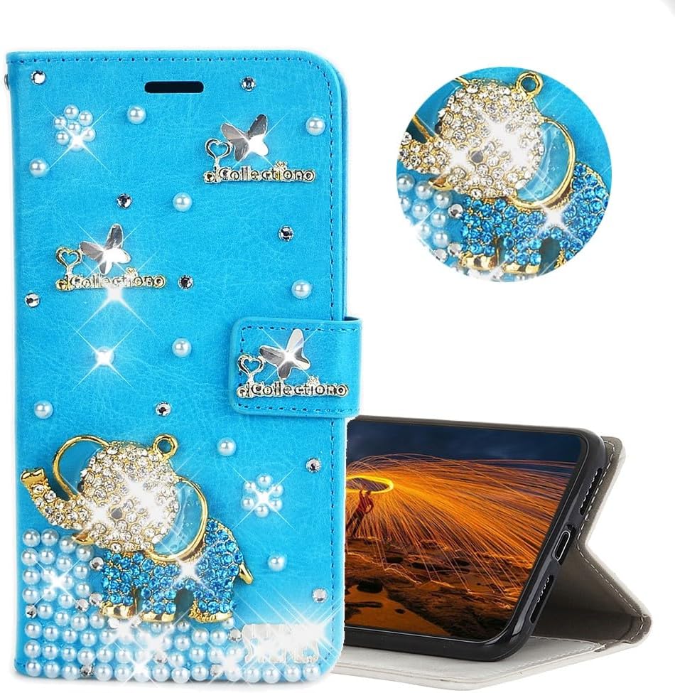 Glitter Wallet Case Compatible with Samsung Galaxy S26 - Luxury 3D Girls Women Shiny Bling Handcrafted Leather Protective Cover with Screen Protector, Phone Lanyard - Blue Elephant Heart