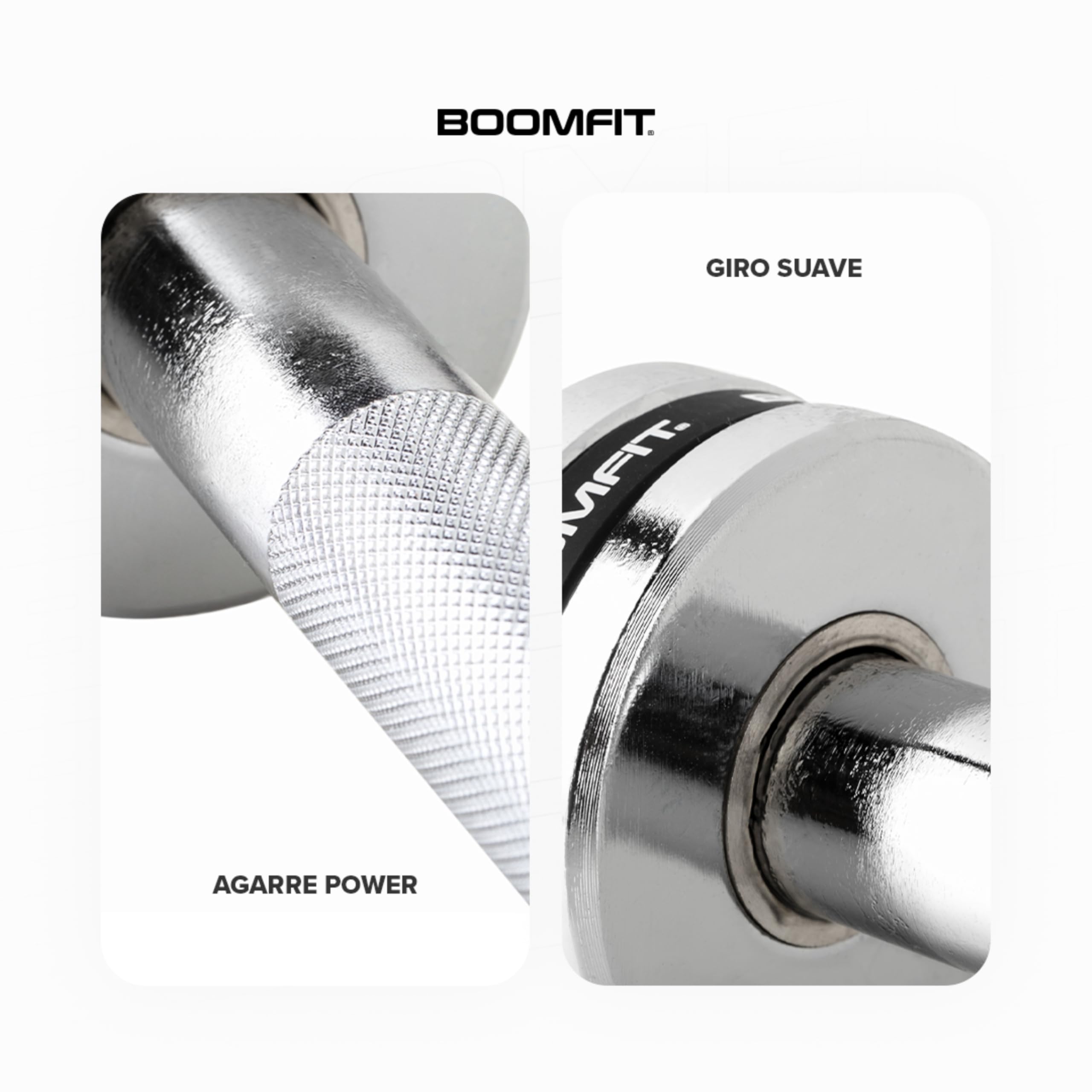 BOOMFIT Barras Olímpicas 9, 12, 15 y 20 kg | 120 a 220 cm, Mangas Ø50 mm | Acero con agarre estriado de 30 mm e interior de 81 a 130 cm | Incluye topes | Powerlifting, halterofilia y gym en casa