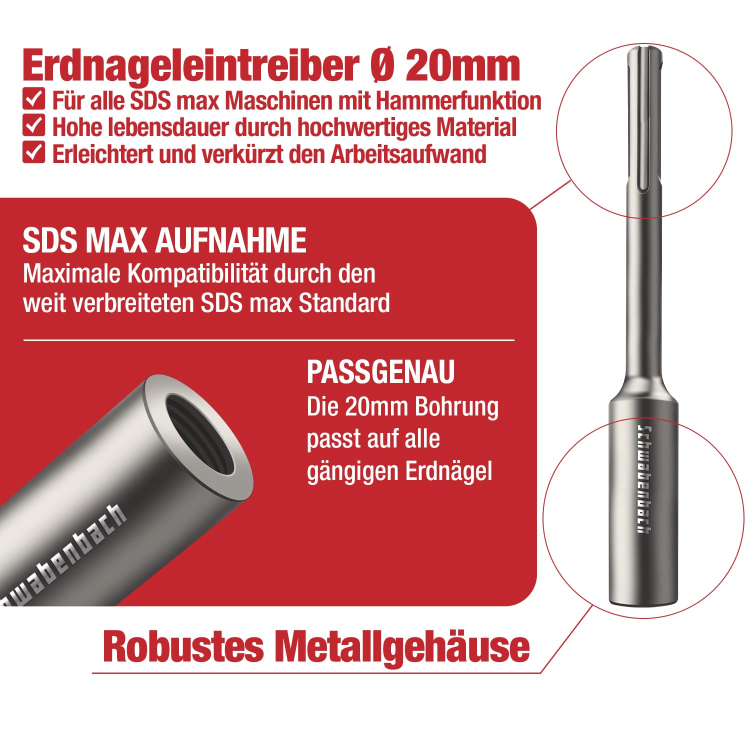 SCHWABENBACH® Insertador SDS Max para Picas de Tierra 250 x Ø32 mm – Herramienta para Clavar Varillas de Puesta a Tierra, Piquetas y Anclajes – Interior Ø20,5 mm, Acero Robusto para Martillo Demoledor