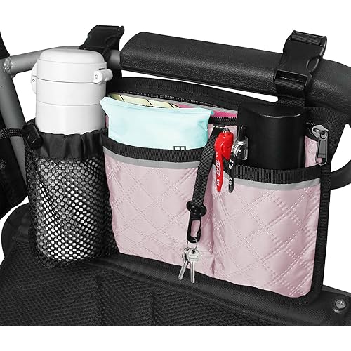 Wheelchair Bag with Cup Holder, Wheelchair Accessories Armrest Side Bag Multi Pockets Pouch for Electric Wheelchairs, Walker, Rollators & Mobility Scooters, Adults, Seniors, Pink