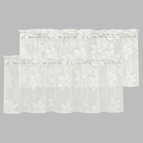 DWCN Paquete de 2 cenefas de encaje floral blanco marfil para cocina, 52 x 18 pulgadas, con bolsillo para barra, cortina de gasa para ventana