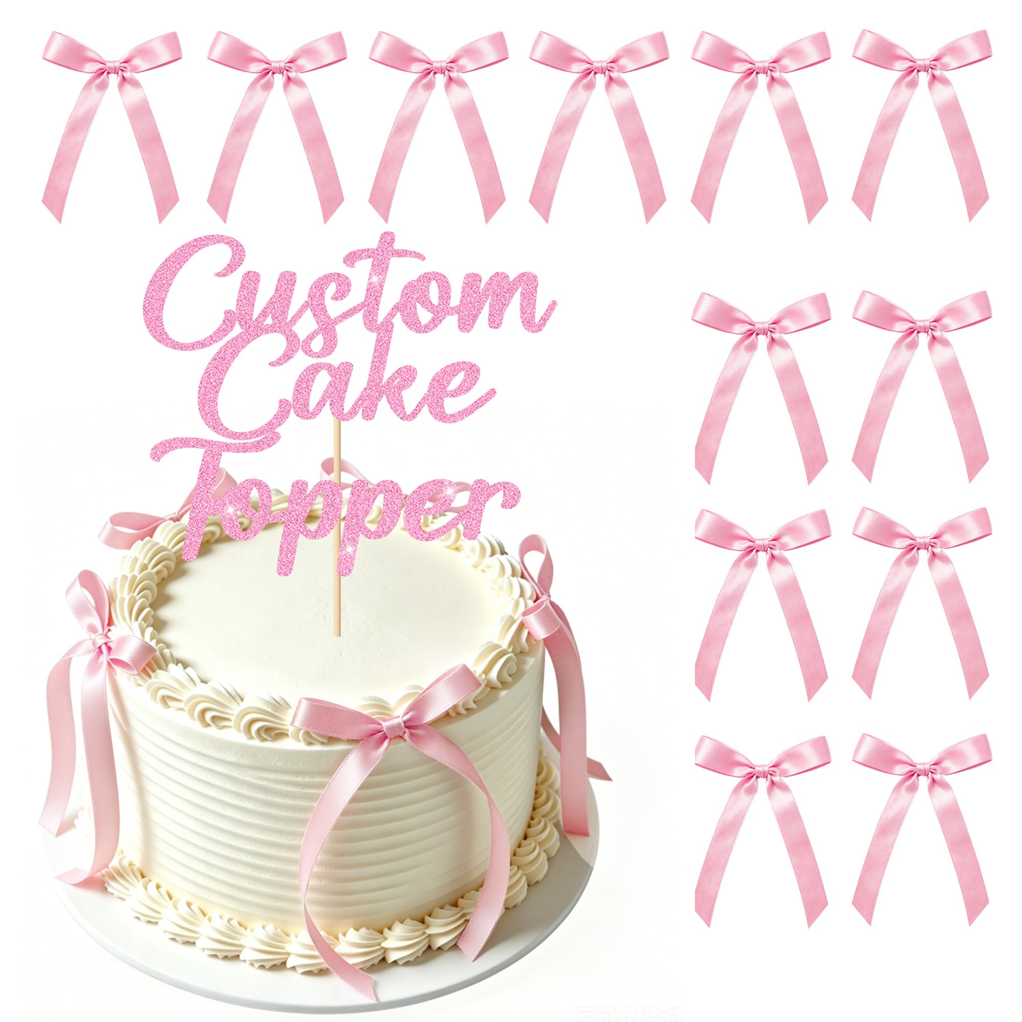 EDSG 30 Pink Bows Personalised Cake Topper, 11 Colours Glitter Cake Topper with Any Text, Custom Cake Toppers Cake Decorations for Birthday Graduation Wedding Babyshower — image 1