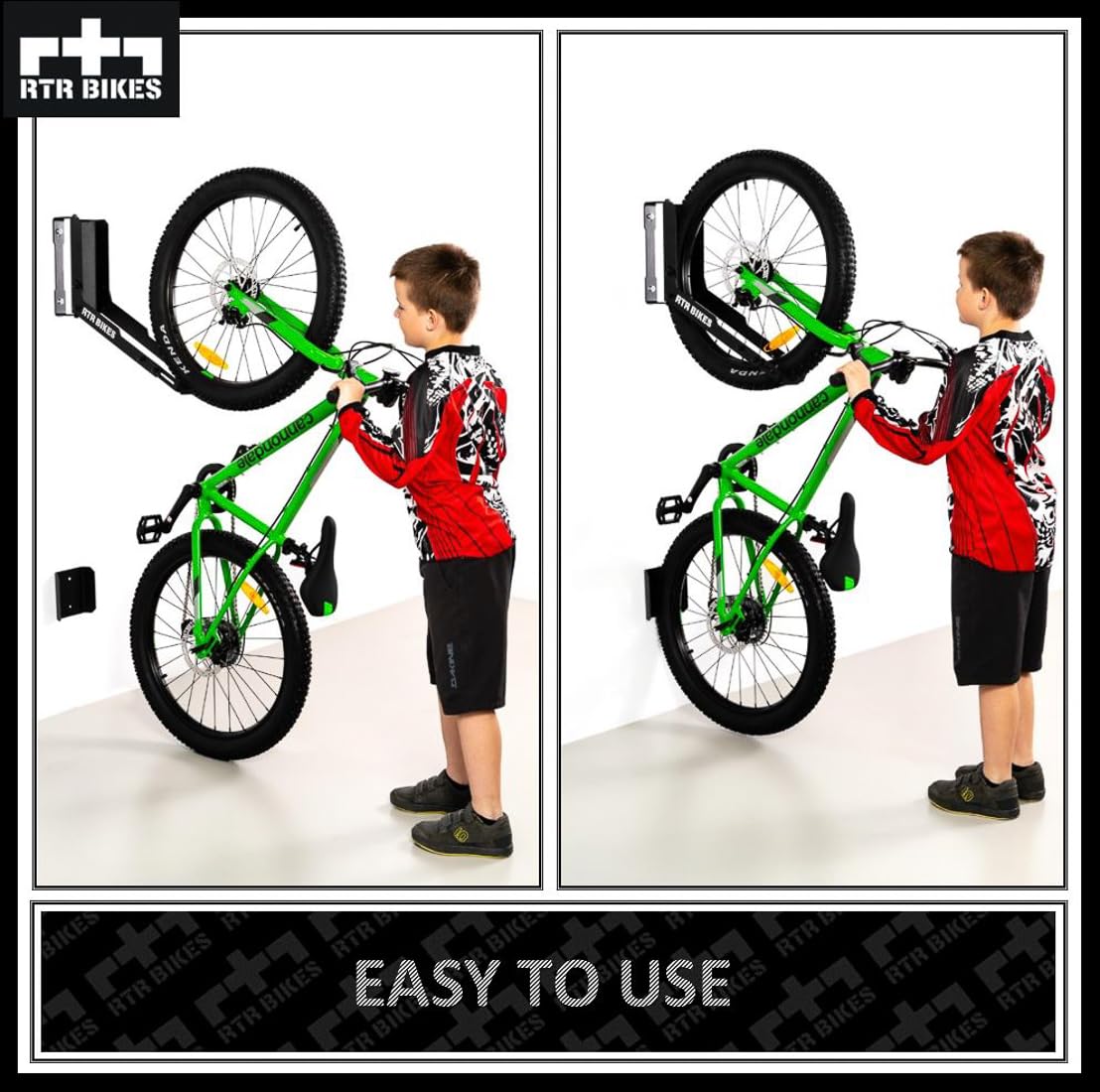 RTR BIKES Kranked Twist Fahrrad Wandhalterung Schwenkbar – 180° Drehbarer Wandhaken Vertikal – Für E-Bikes & MTB bis 30kg – Passend für 24-29 Zoll & 3,5" Reifen – Made in EU
