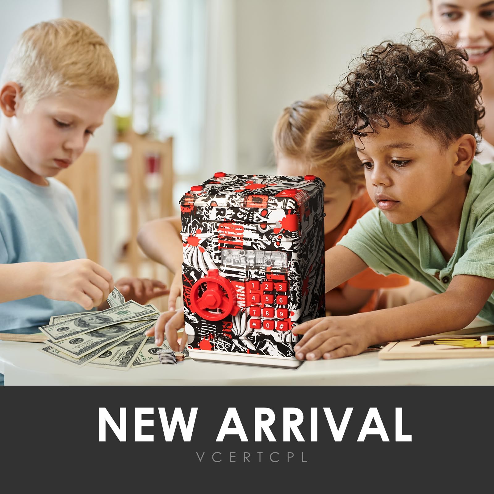 Vcertcpl ATM Piggy Bank for Boys Girls, Mini ATM Coin Bank Money Saving Box with Password, Kids Safe Money Jar for Adults with Auto Grab Bill Slot, Great Gift Toy Bank for Kids (Large, TY-RedBlack)