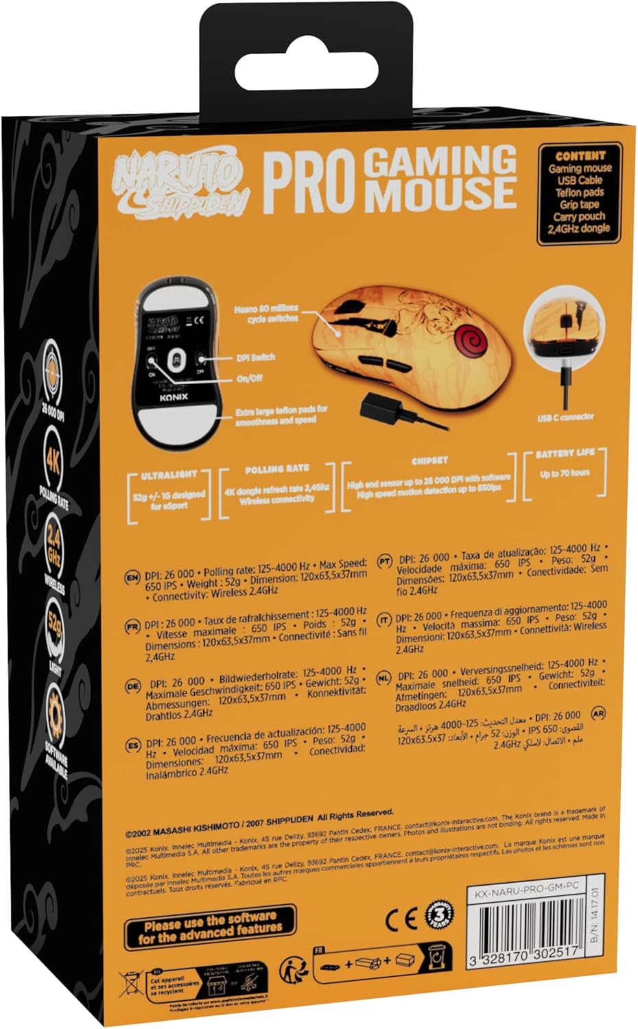 Naruto Shippuden Mouse gaming con cavo/wireless PC - Edizione Pro Collector Numerata - 26 000 DPI - Autonomia 70 h - Motivo Kurama/Ky++bi - Arancione - Mouse gaming - Immagine 9