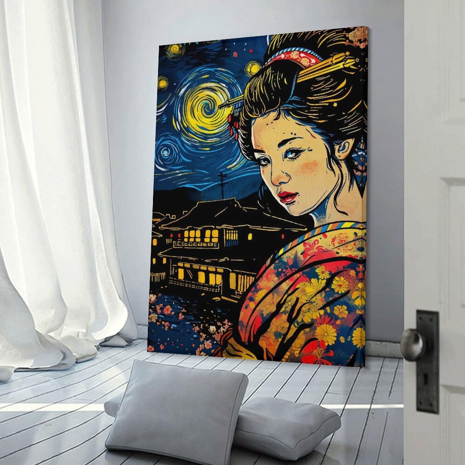 Junmoney Frame-Style-12 Geisha Japanese Vangogh Canvas Wall Decor, 08X12inch(20X30cm), For Wall Displays, Bedrooms Or Room Updates, Wall Decor Suited To Curated Displays
