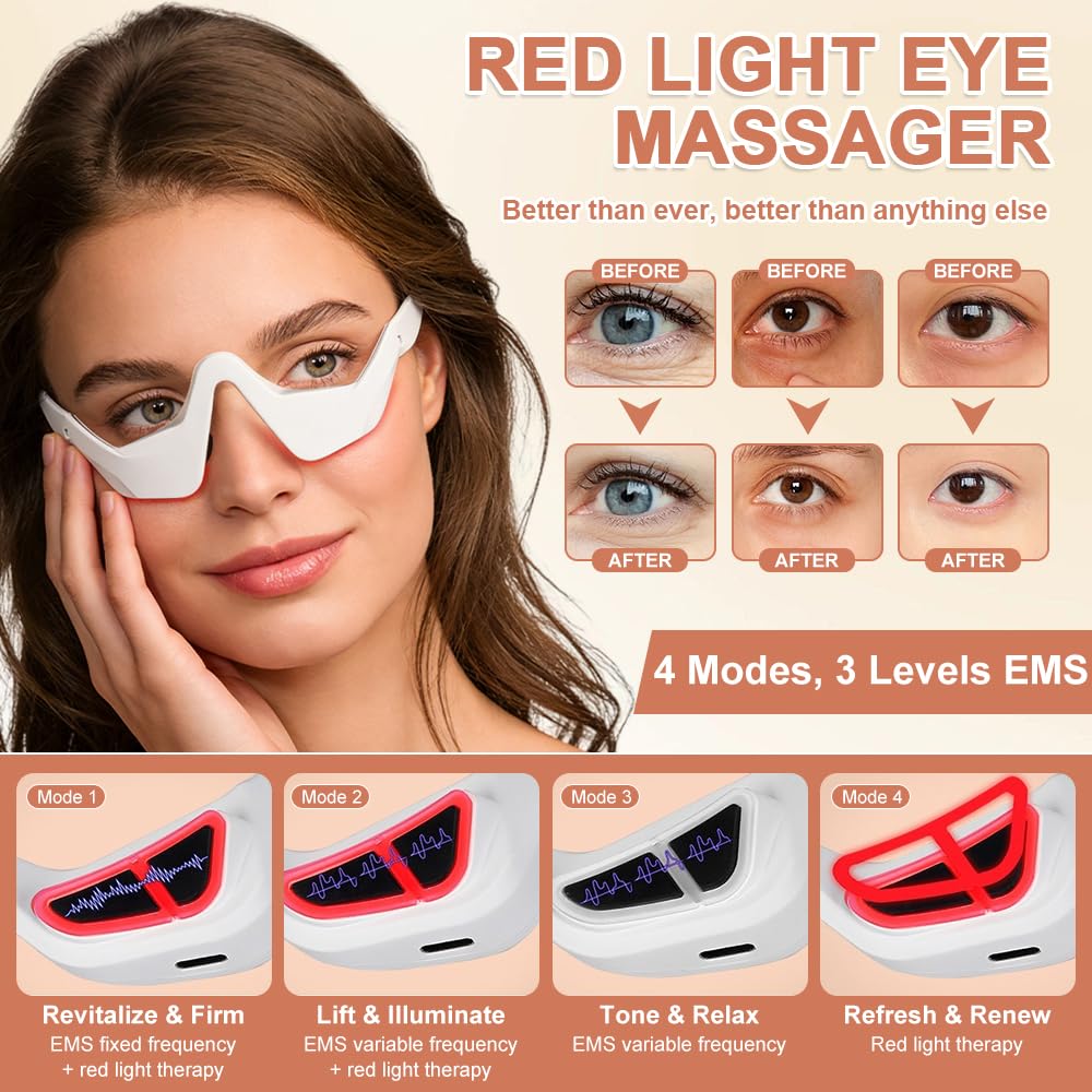 Dispositivo per terapia della luce rossa sotto gli occhi, occhiali per terapia a luce rossa, occhiali da microcorrente, massaggiatore per occhi, per rimuovere occhiaie e rughe (bianco)