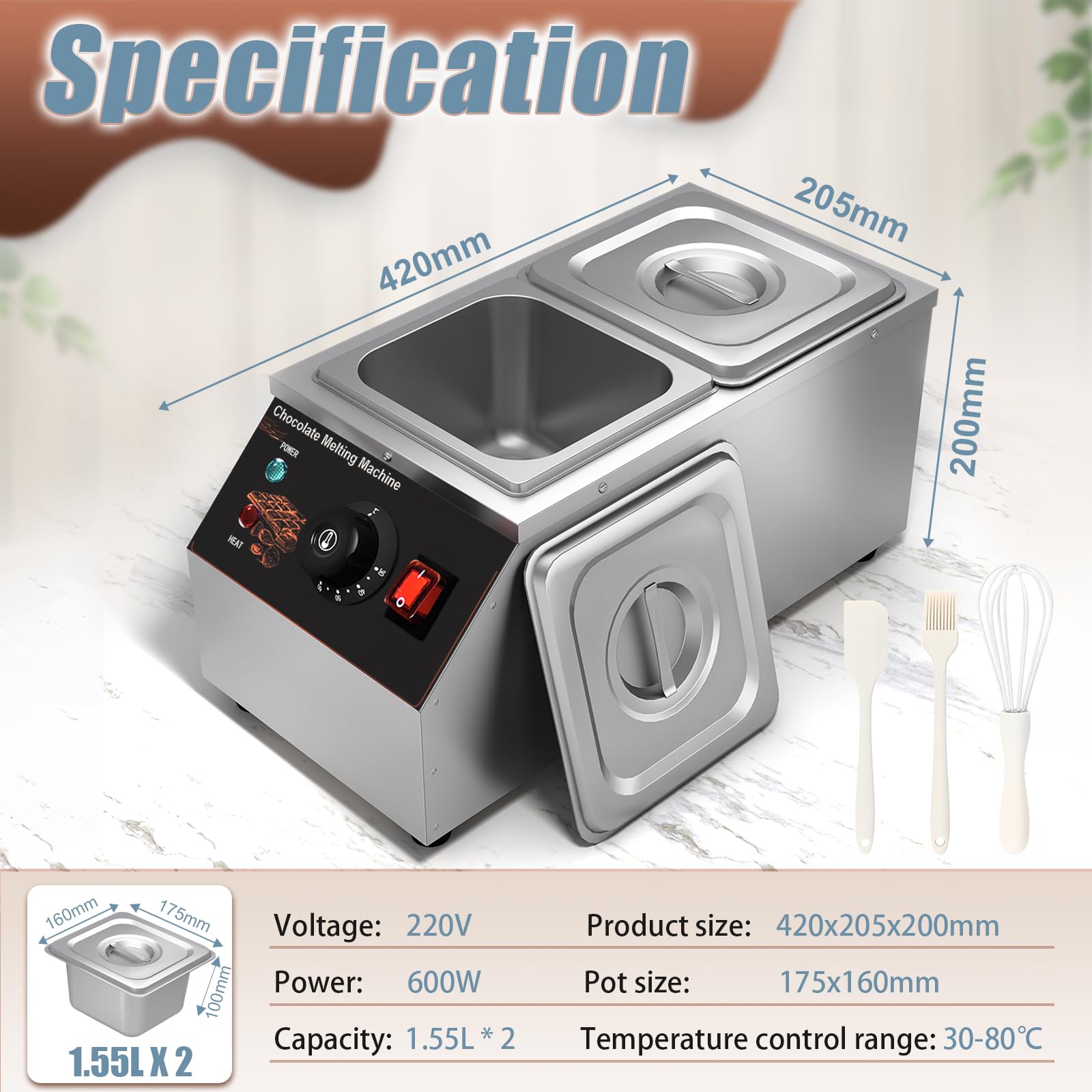 Cioccolato Crogiolo, Cioccolato Temperatrice con 2 pentole Commerciale Elettrico Cioccolato Fusibile Acciaio Inossidabile, 2 x 1/6 GN Contenitore Cioccolato Fusibile Pentola