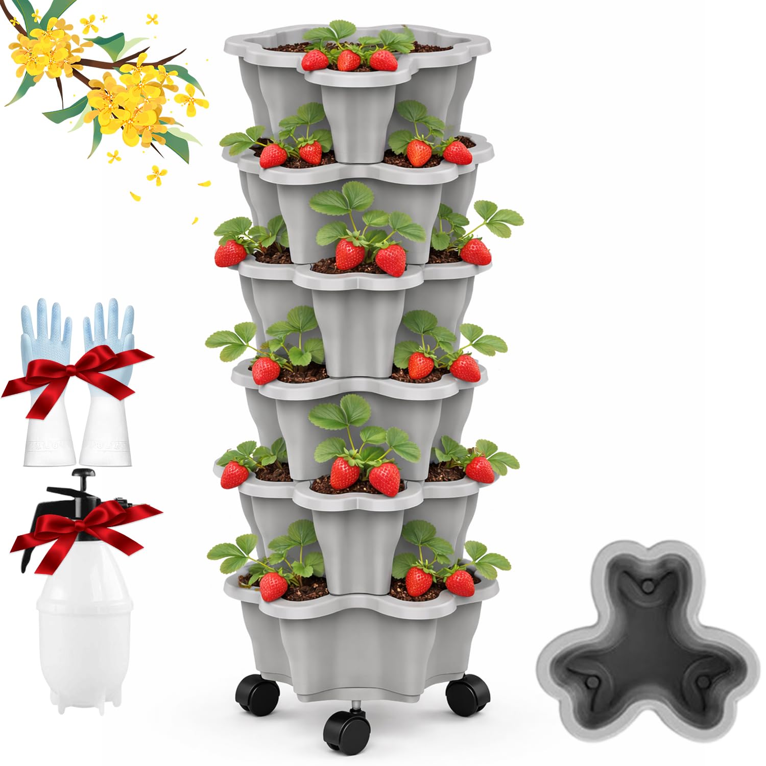 Tour à Fraise Jardinière Empilable 6 Niveaux, Tour Fraises Verticale Extérieure avec roulettes Résistante aux Intempéries, Potager Gain de Place pour Fraises,Légumes, Balcon Terrasse