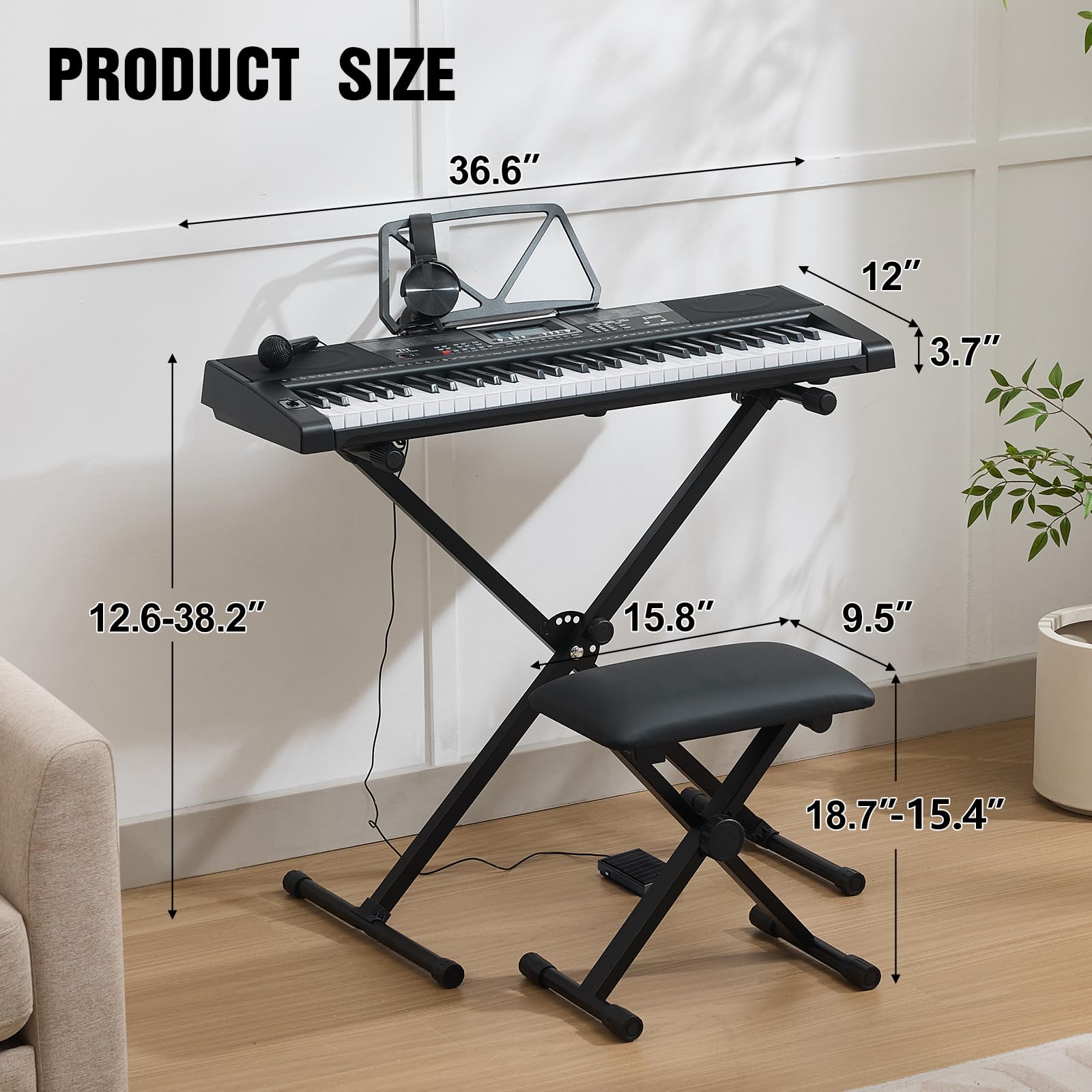 Mustar 61-Tasten-Keyboard-Klavier, elektronische berührungsempfindliche Tasten, tragbar, Kopfhörer, Mikrofon, Klavierständer und Hocker, Tasten in voller Größe, LCD-Bildschirm