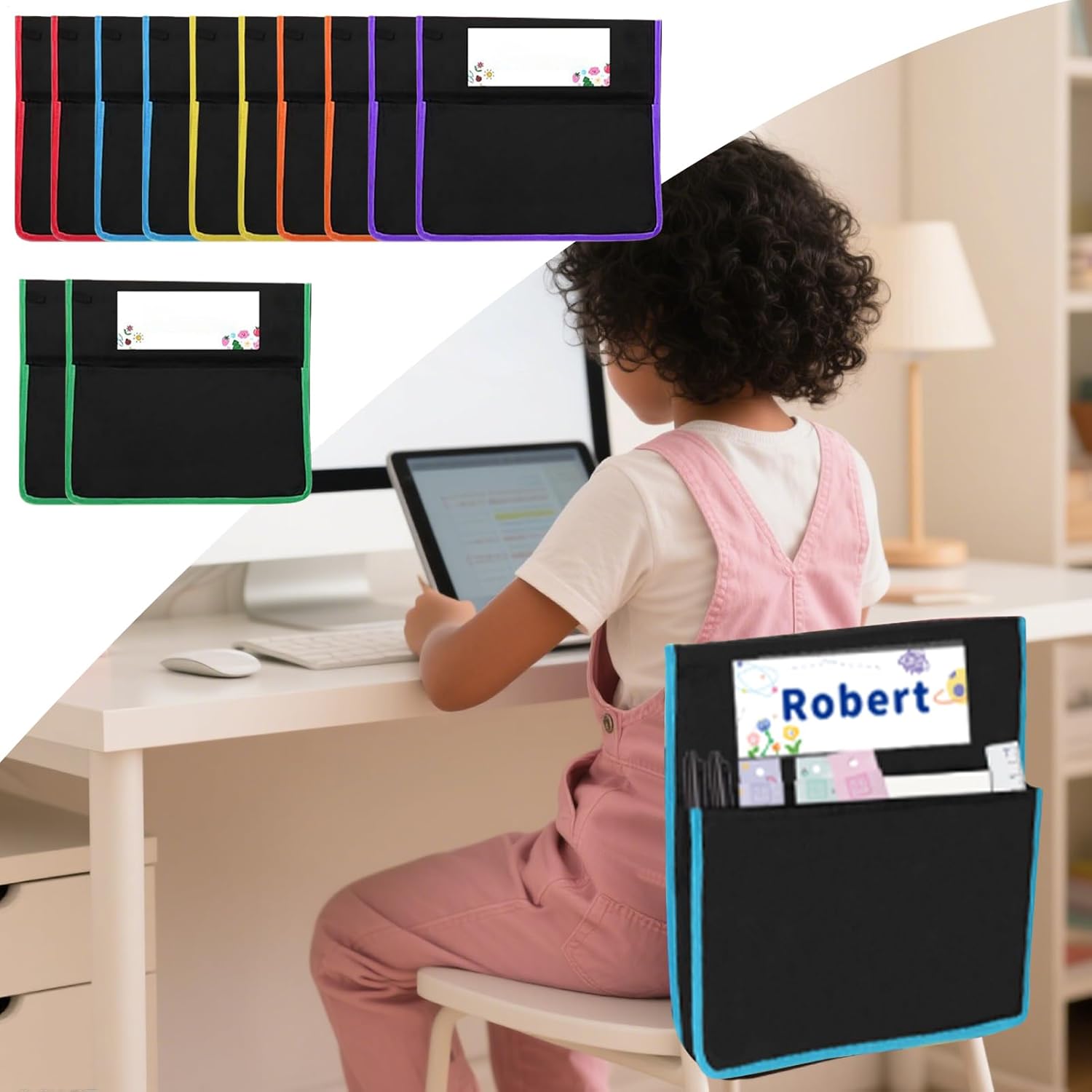 教室の椅子用シートサック デスクチェア バックポケットオーガナイザー ネームタグ付き - 900D オックスフォード生地 学用品 整